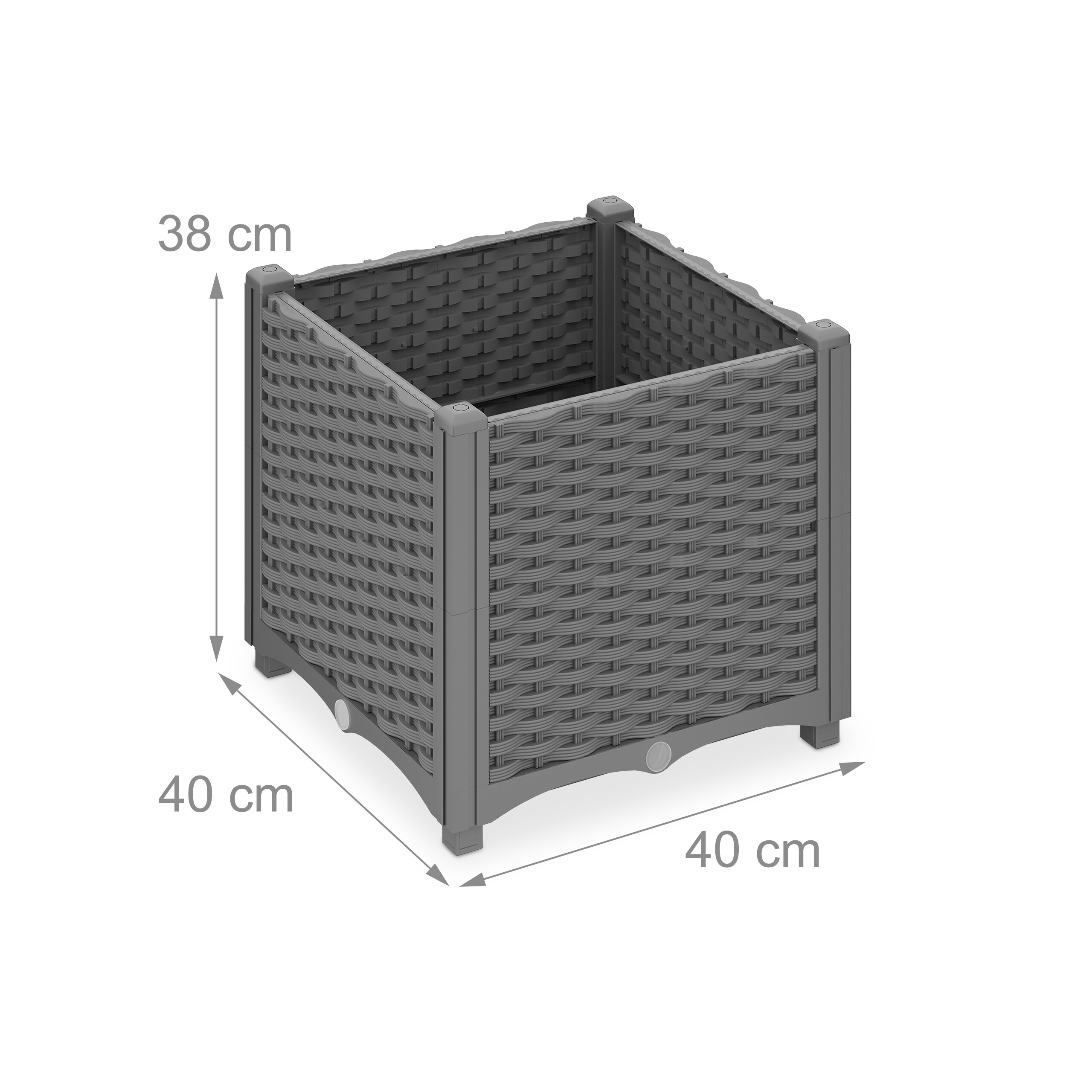 Ein grauer Pflanzkübel in Rattan-Optik mit Maßangaben von 38 cm Höhe sowie je 40 cm Breite und Länge.