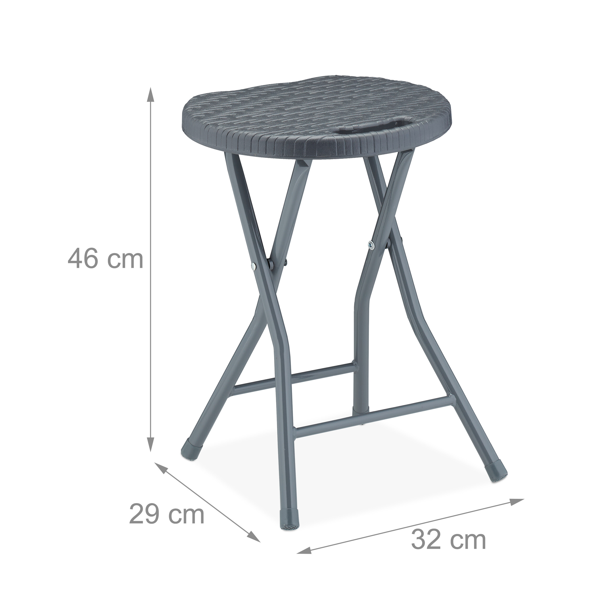 Grauer klappbarer Hocker mit Maßen von 46x32x29 cm auf weißem Hintergrund.