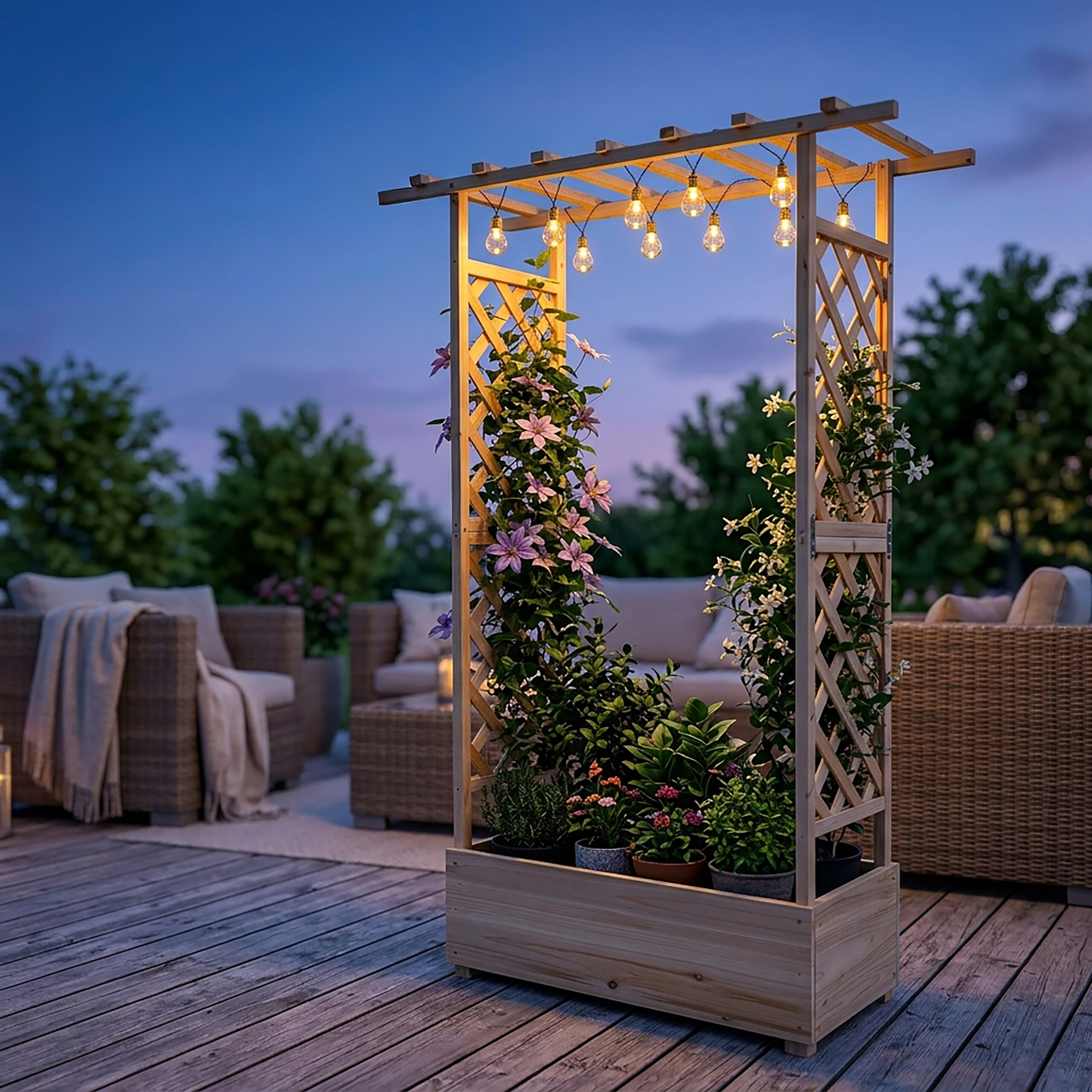 Beleuchtete Gartenlaube aus Holz mit Kletterpflanzen auf einer Terrasse bei Dämmerung.
