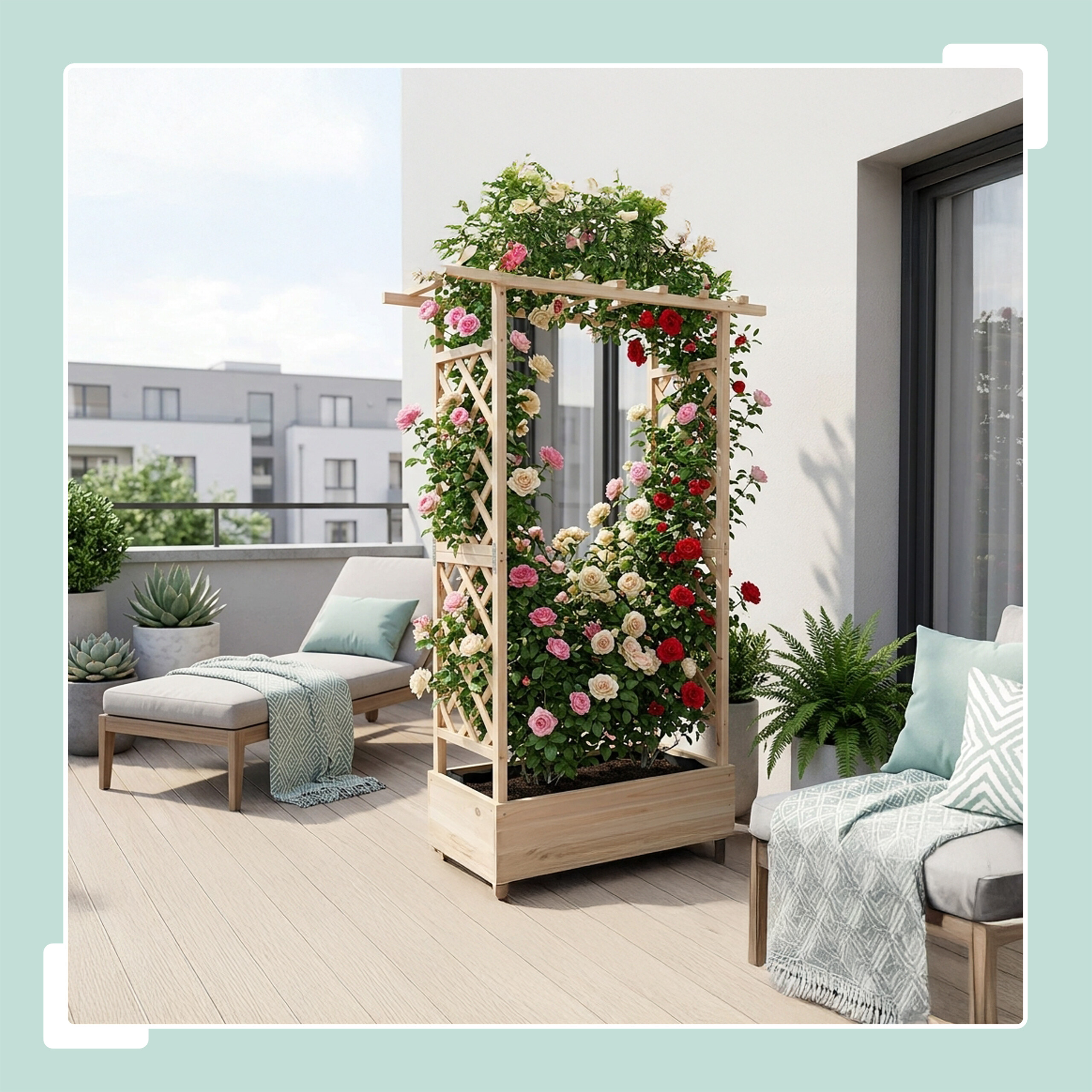 Eine Rosenlaube aus Holz mit rosa und roten Blumen steht auf einem hellen Balkon mit Liegestuhl.