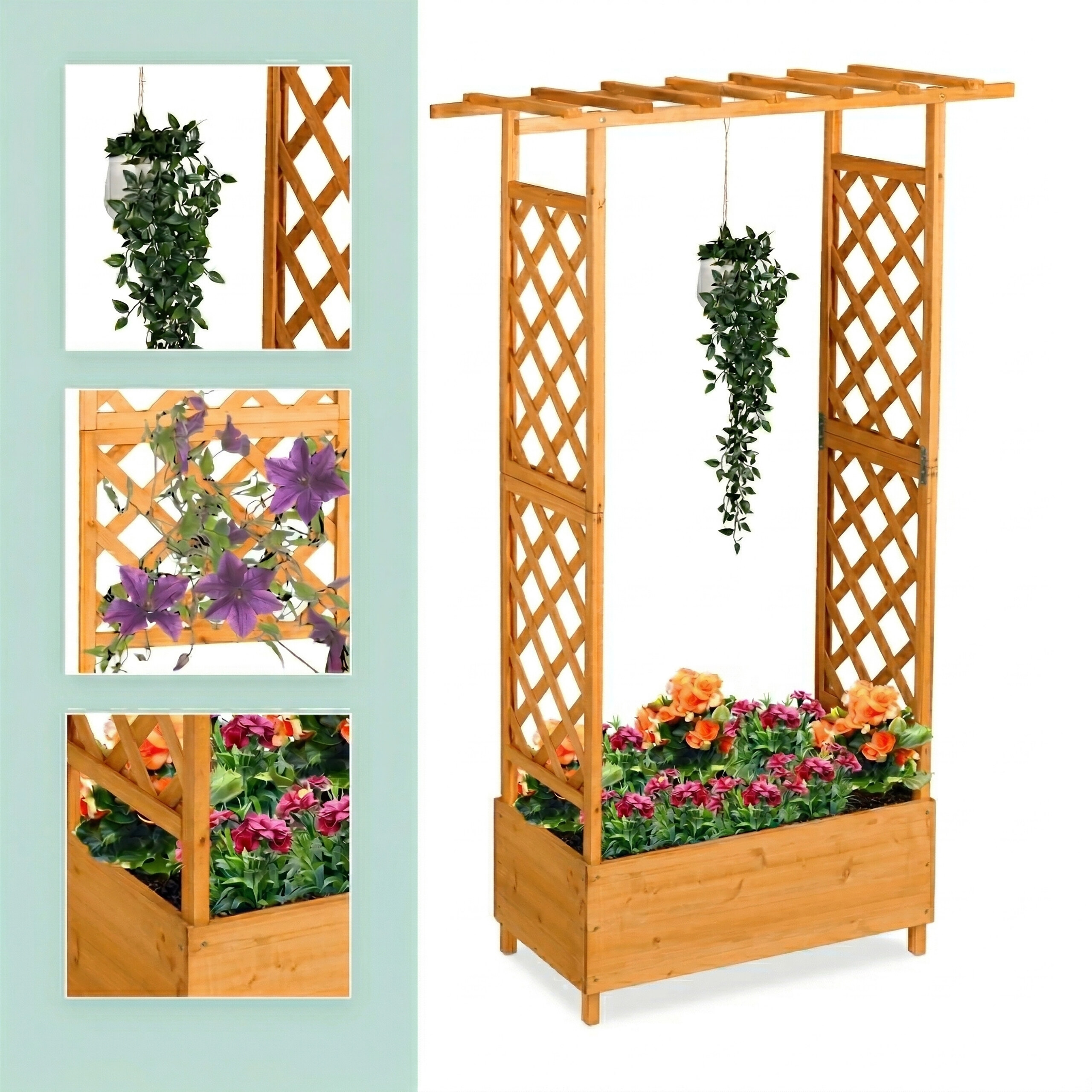 Ein hölzerner Blumenkasten mit Spalier, Hängepflanze und bunten Blumen, ergänzt durch drei Detailansichten.