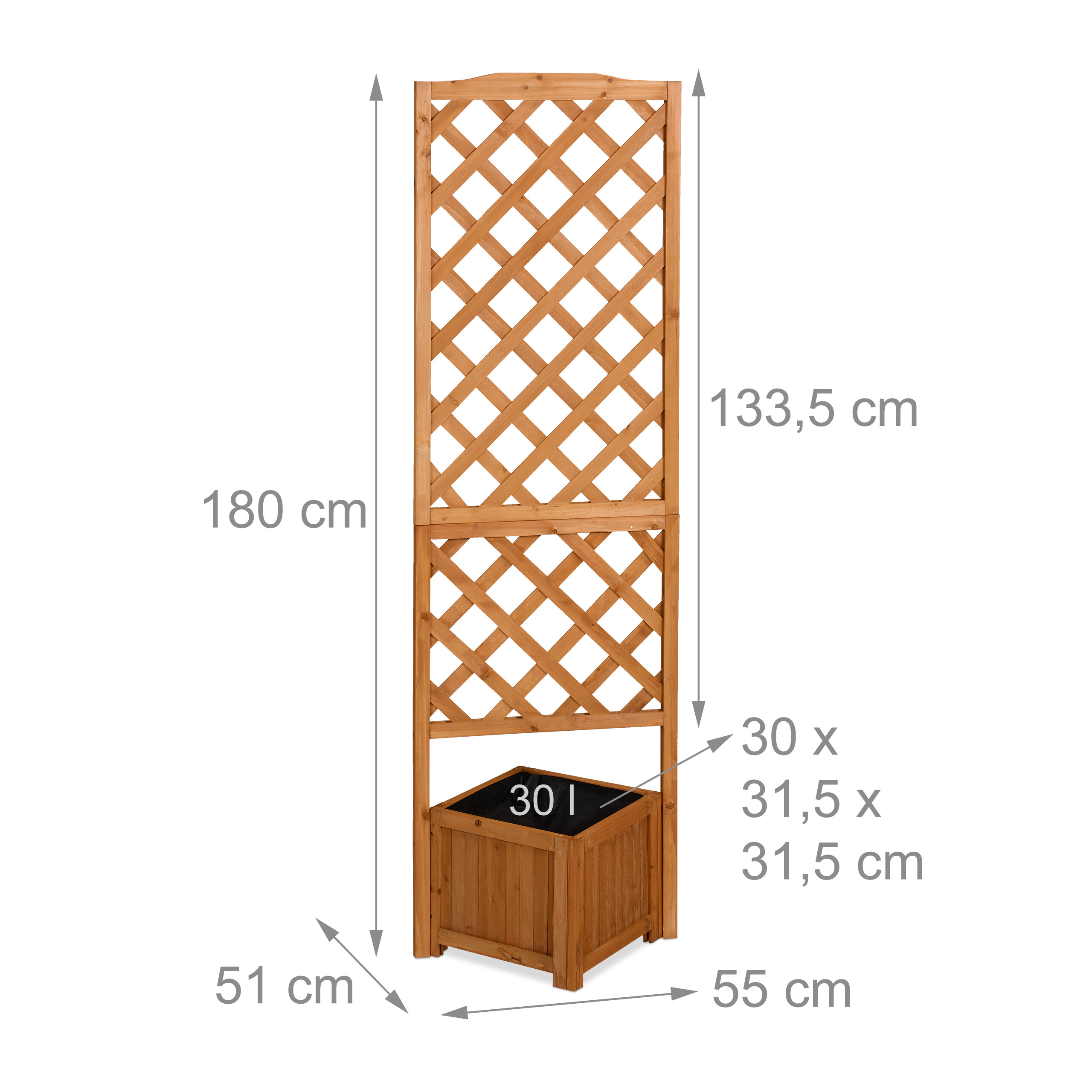 Holz-Rankkasten mit Pflanzkübel, Gesamtmaße 180x55x51 cm, integrierte Maßangaben.