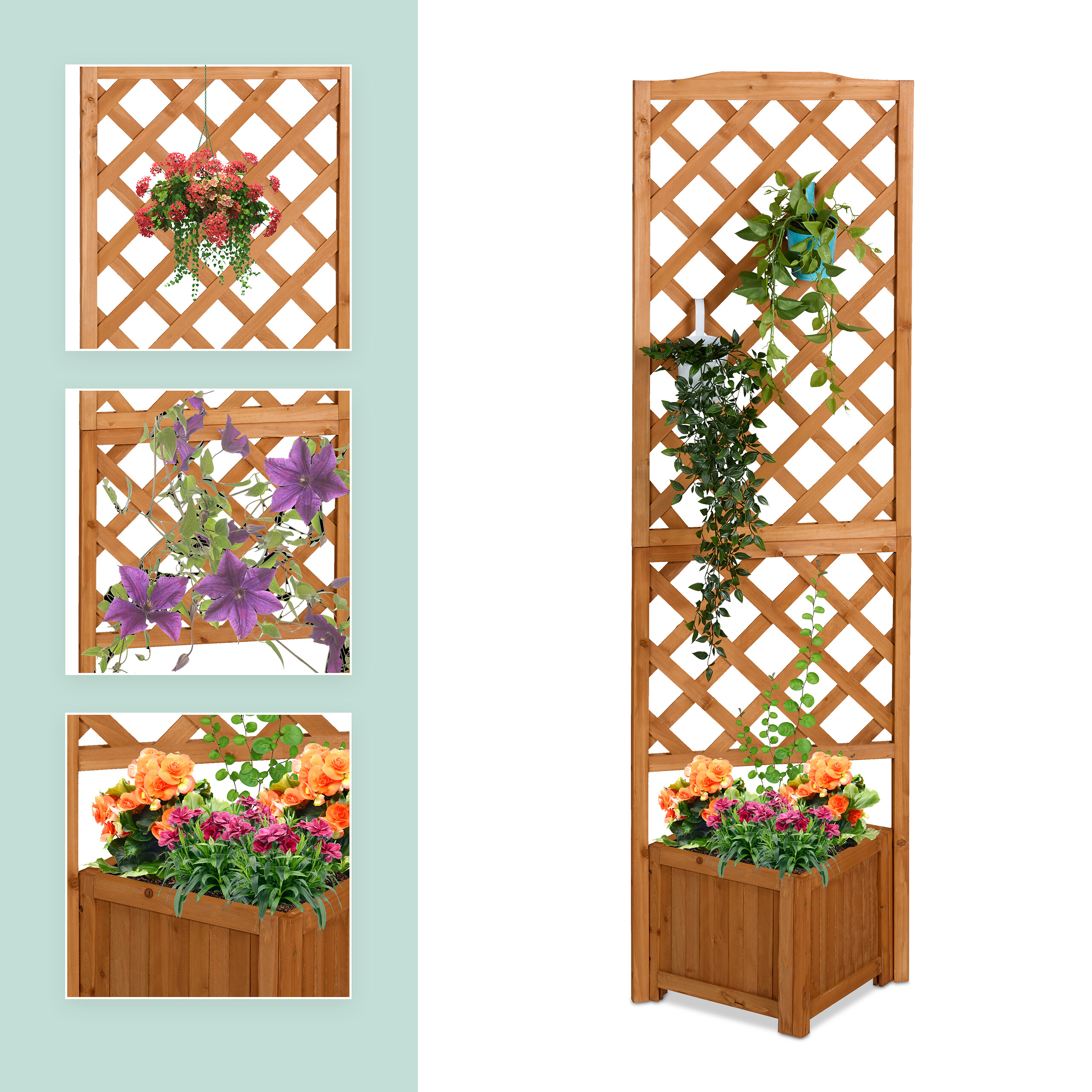 Holz-Rankgitter mit Pflanzkasten unten und bunten Blumen, dazu Ausschnittbilder auf der linken Seite.