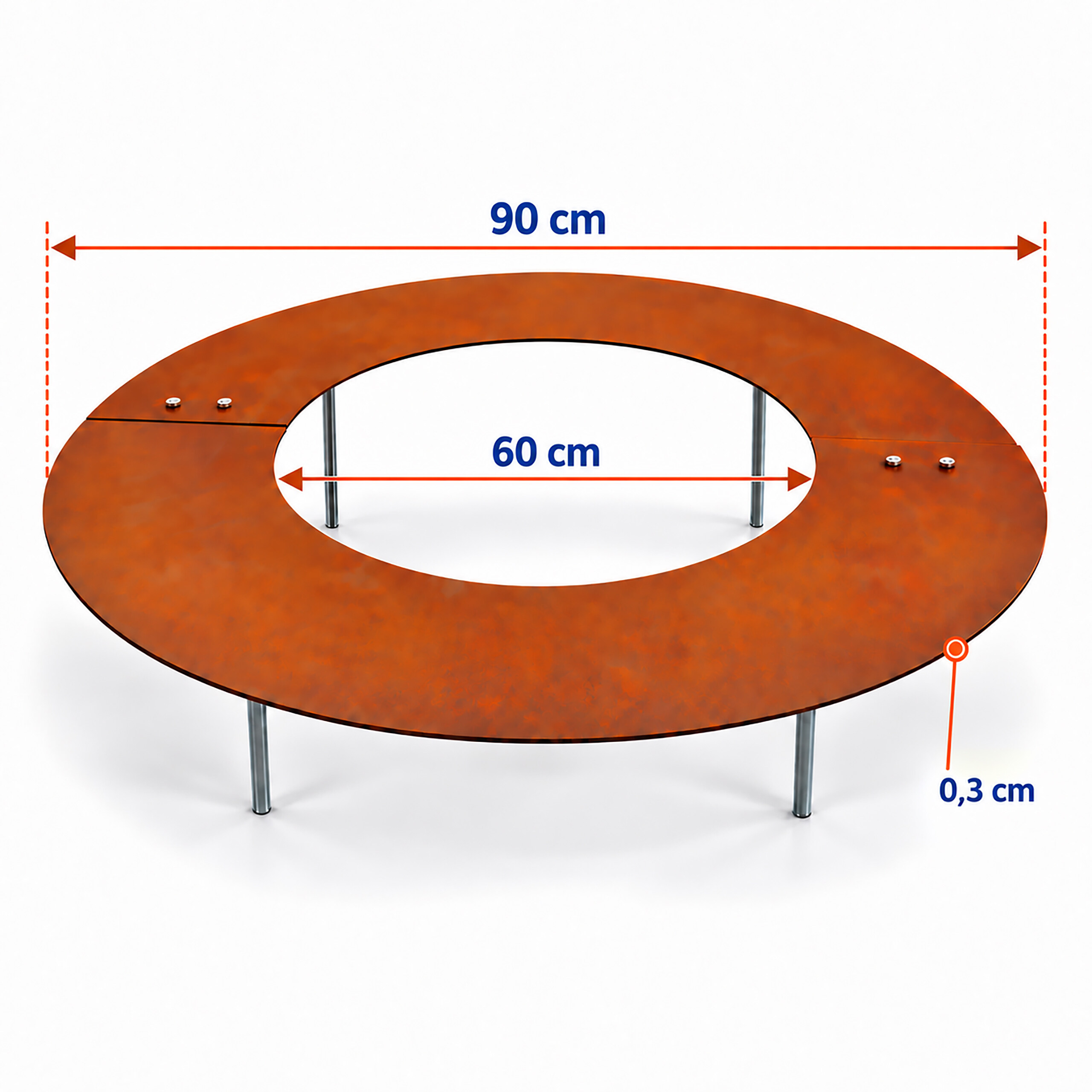 Runder brauner Baumring aus Metall, 90cm außen, 60cm innen, 0,3cm dick, auf Metallbeinen.