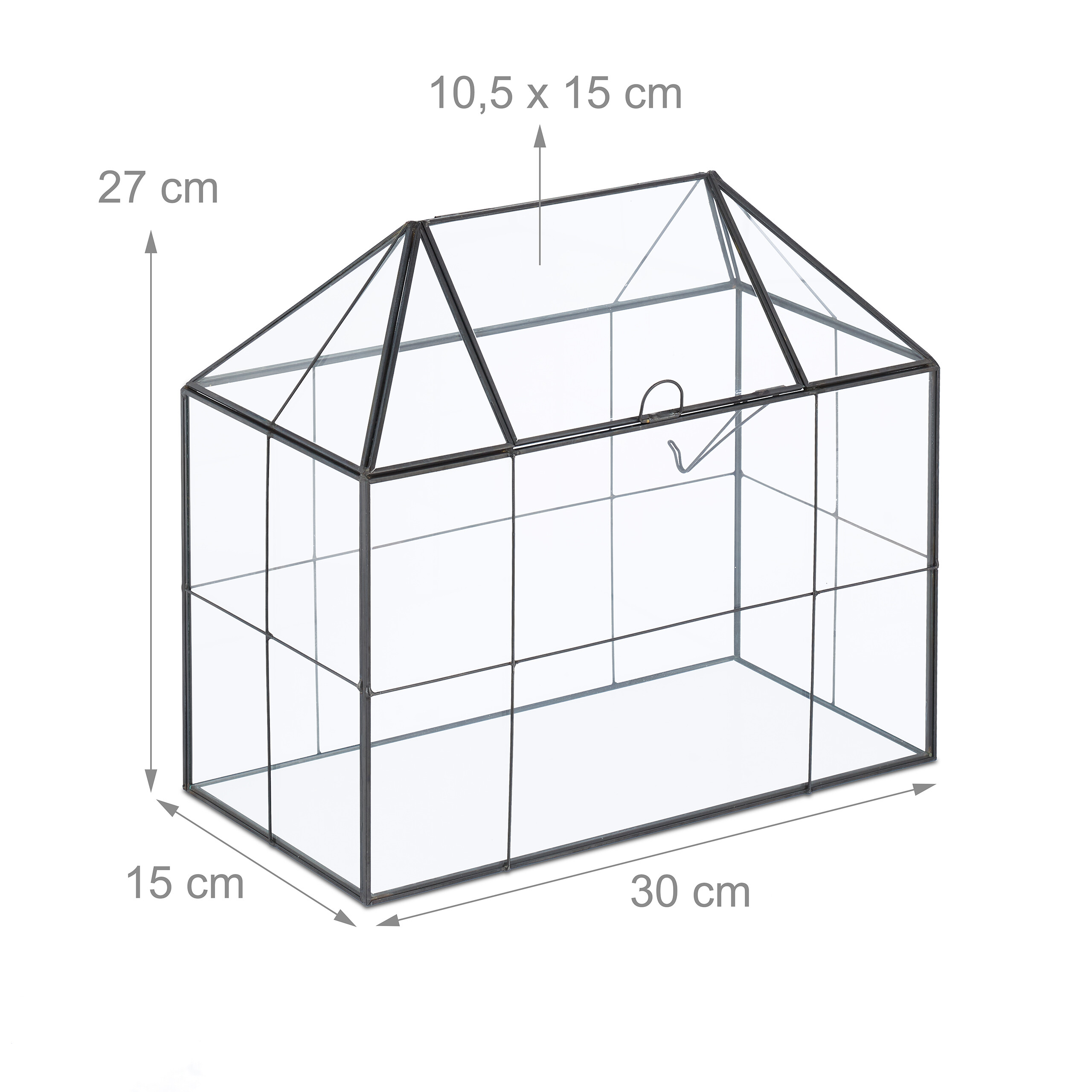 Glasbehälter in Hausform mit schwarzem Metallrahmen und Maßen 30x15x27 cm auf weißem Hintergrund.