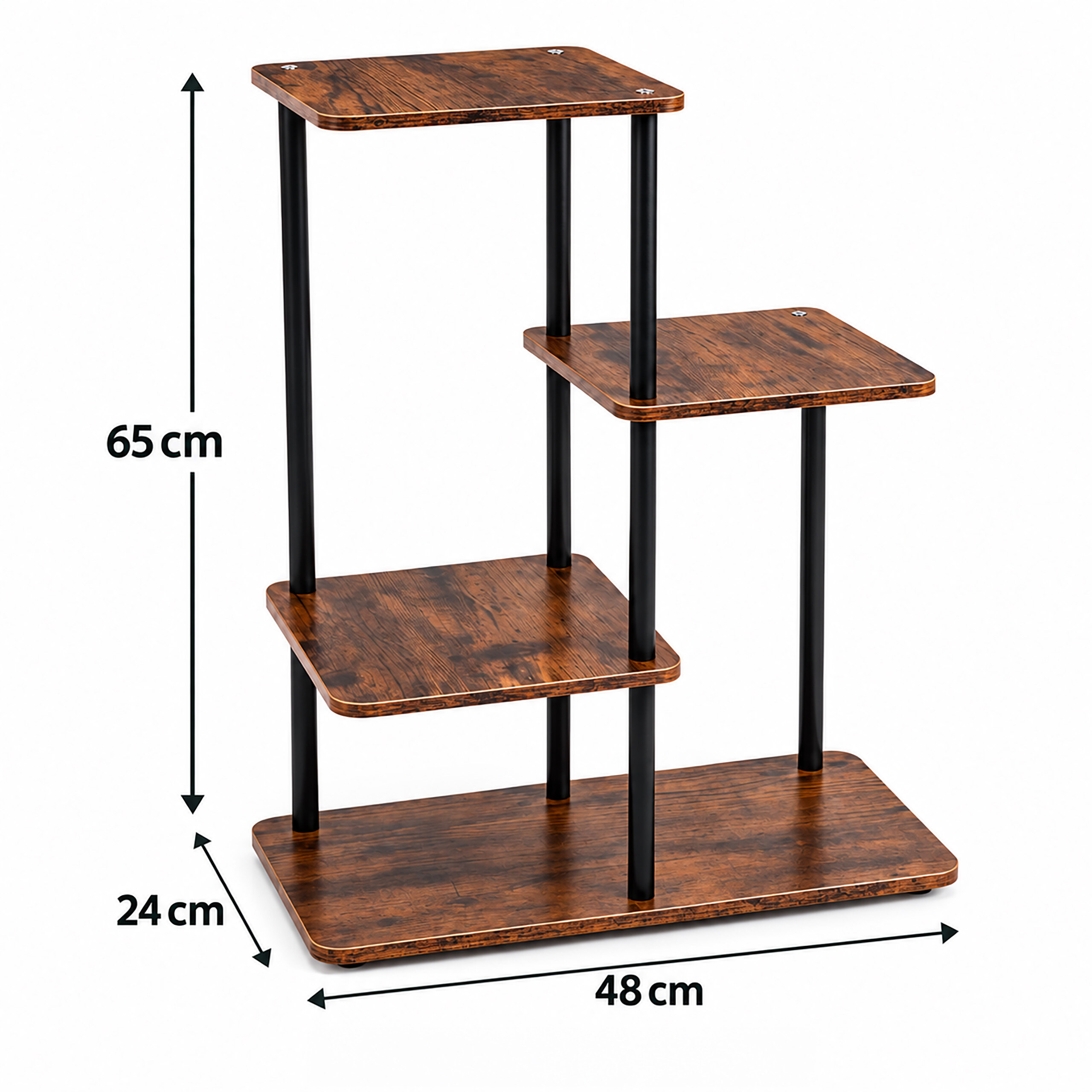 Mehrstufiges Holz- und Metall-Pflanzenregal mit Maßangaben von 65x48x24 cm.