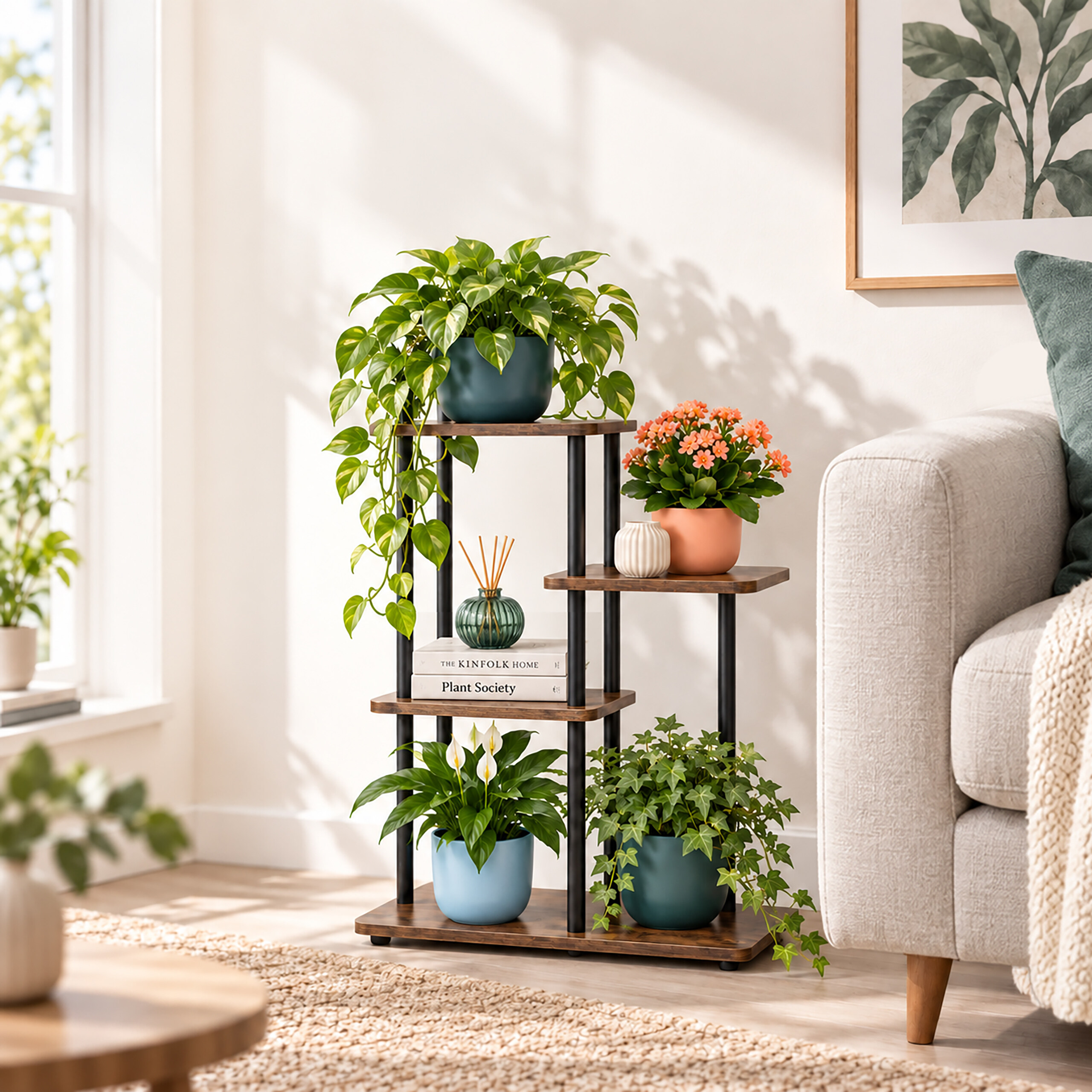Ein mehrstöckiges Holzregal mit verschiedenen Zimmerpflanzen und Dekorationen steht neben einem Sofa in einem hellen Zimmer.