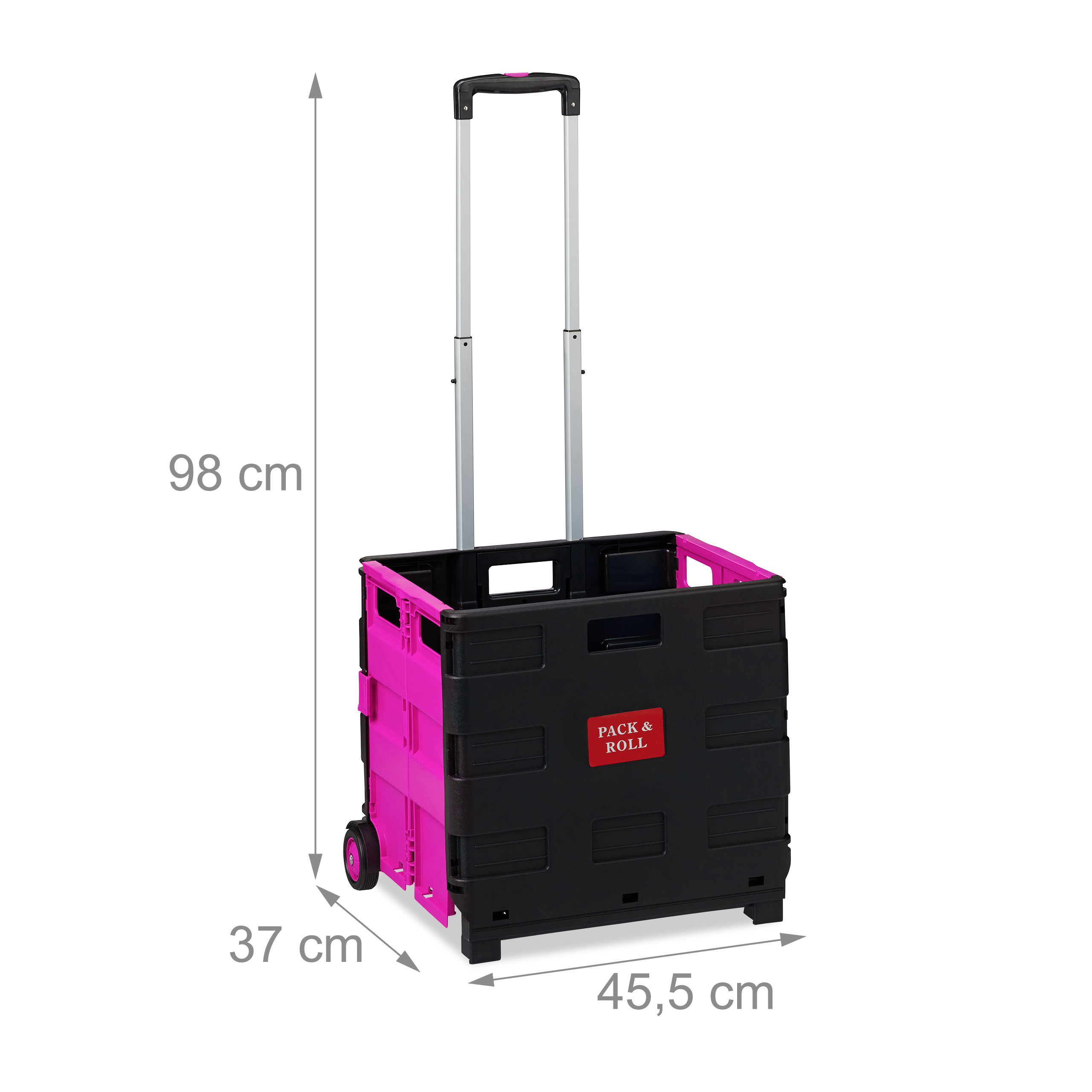 Schwarzer und pinker Rollwagen mit ausziehbarem Griff und Maßangaben in cm.