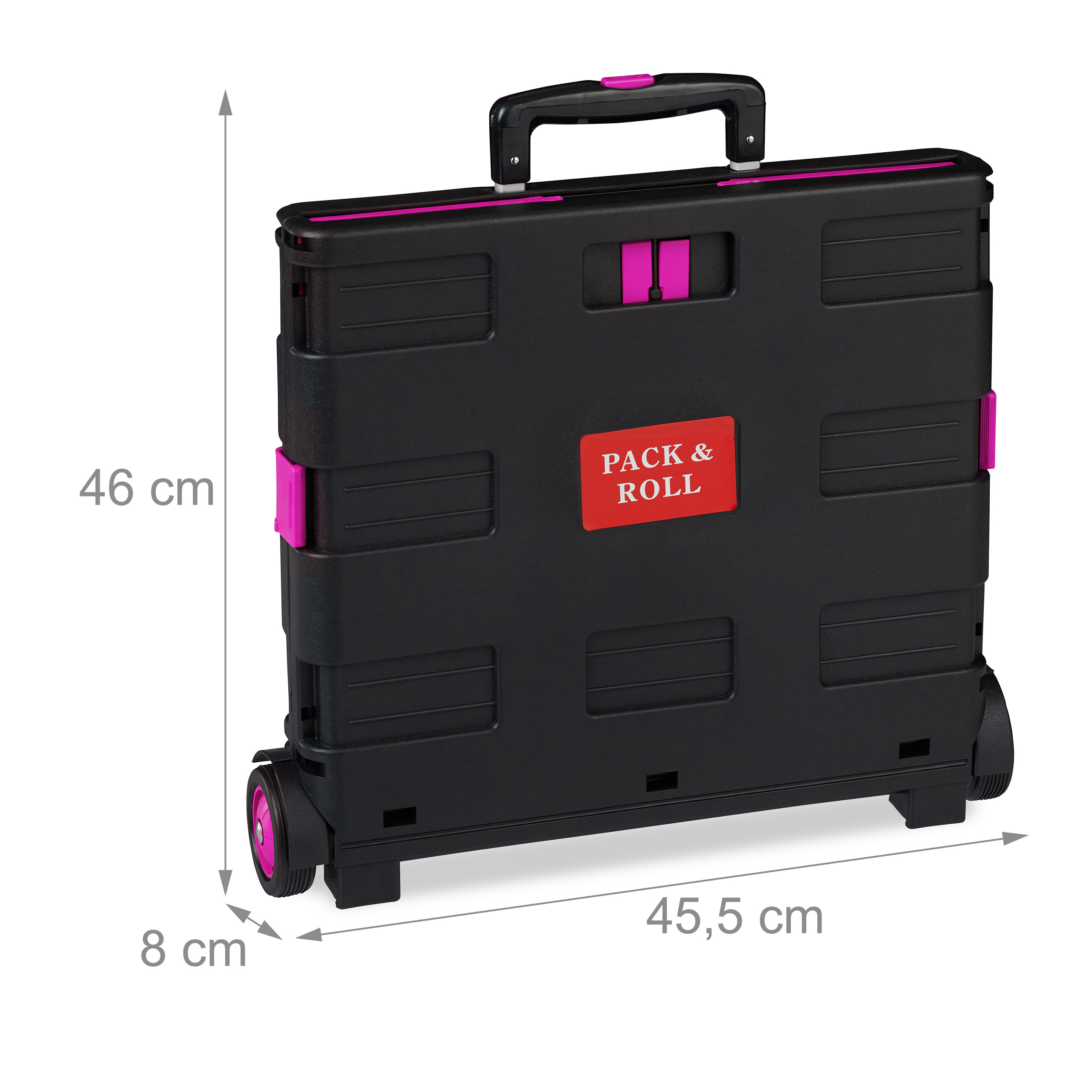 Schwarzer Pack & Roll Trolley mit rosa Akzenten und Maßangaben in cm vor weißem Hintergrund.