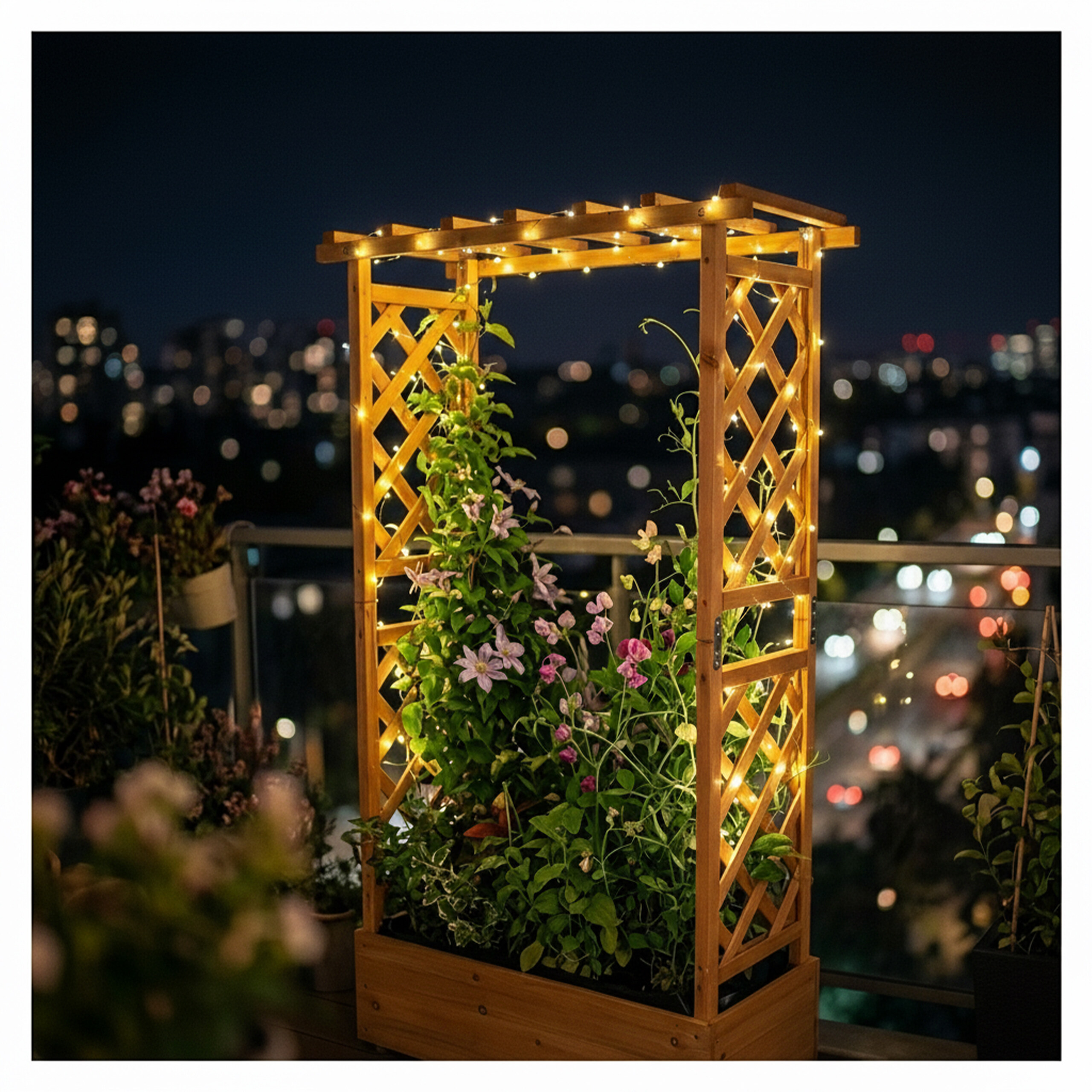 Beleuchtete Holzlaube mit Kletterpflanzen auf Balkon bei Nacht mit Stadtlichtern.