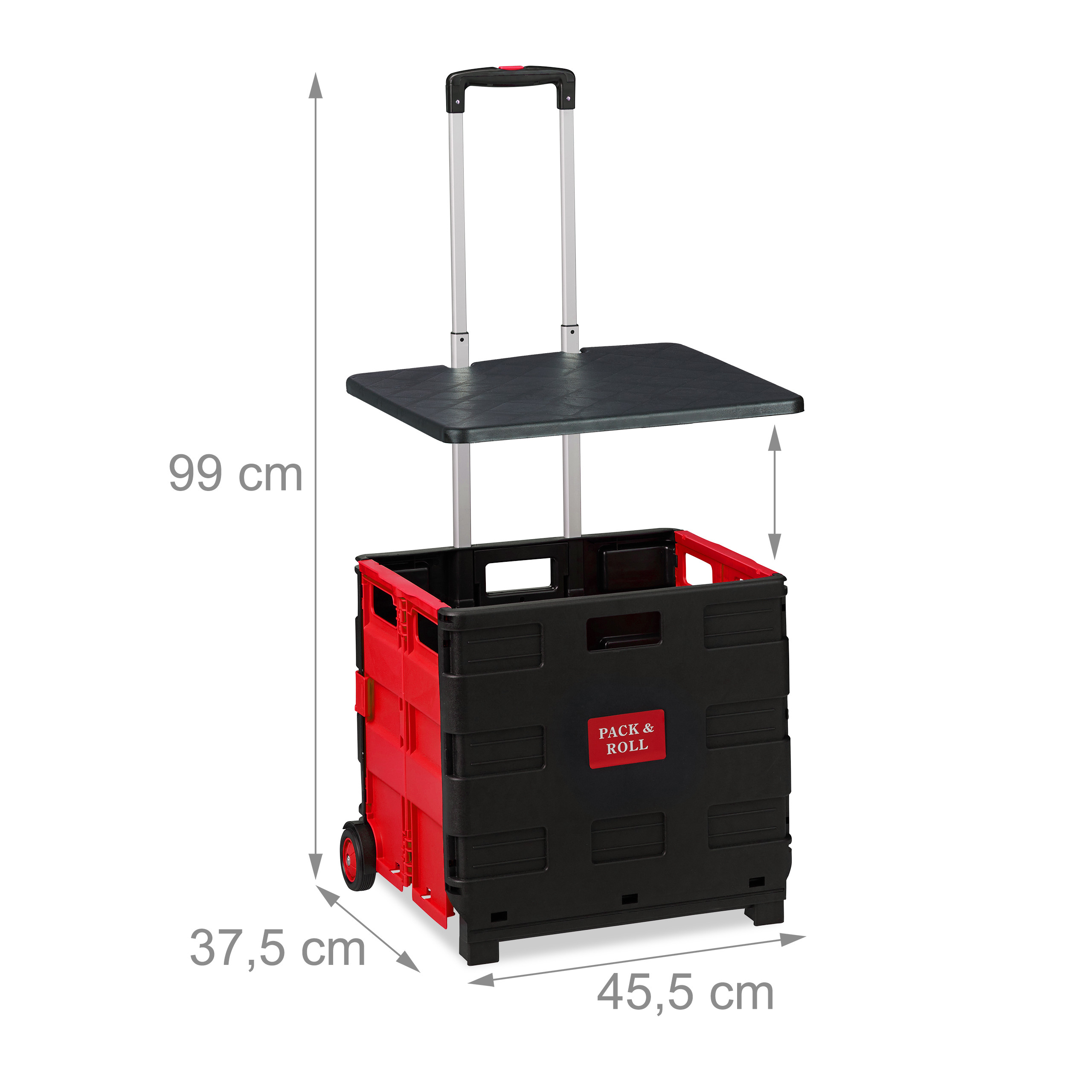 Ein roter und schwarzer Klapp-Rollwagen mit ausziehbarem Griff und Maßangaben in cm.
