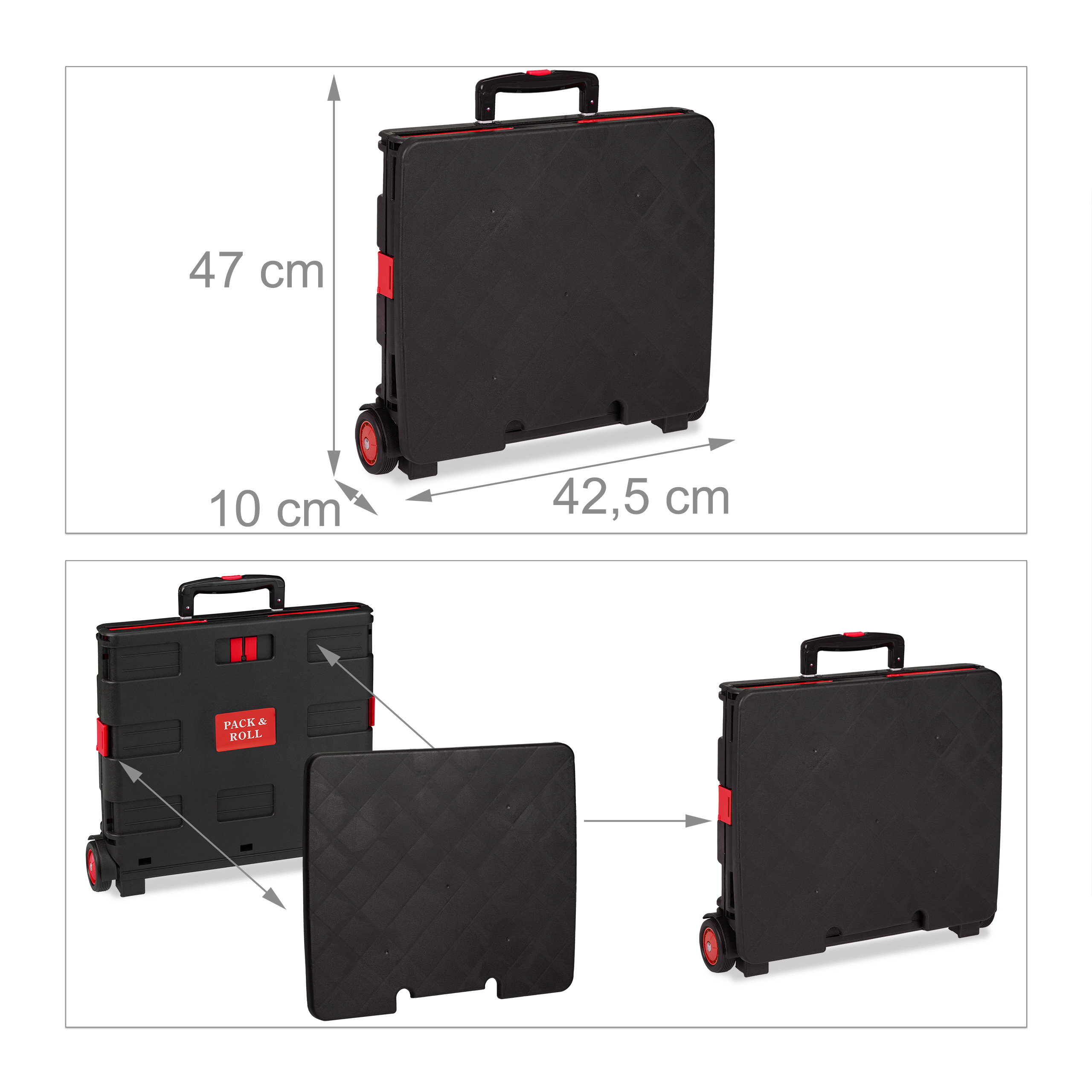 Schwarzer Pack & Roll Trolley mit roten Akzenten und Maßangaben in cm.