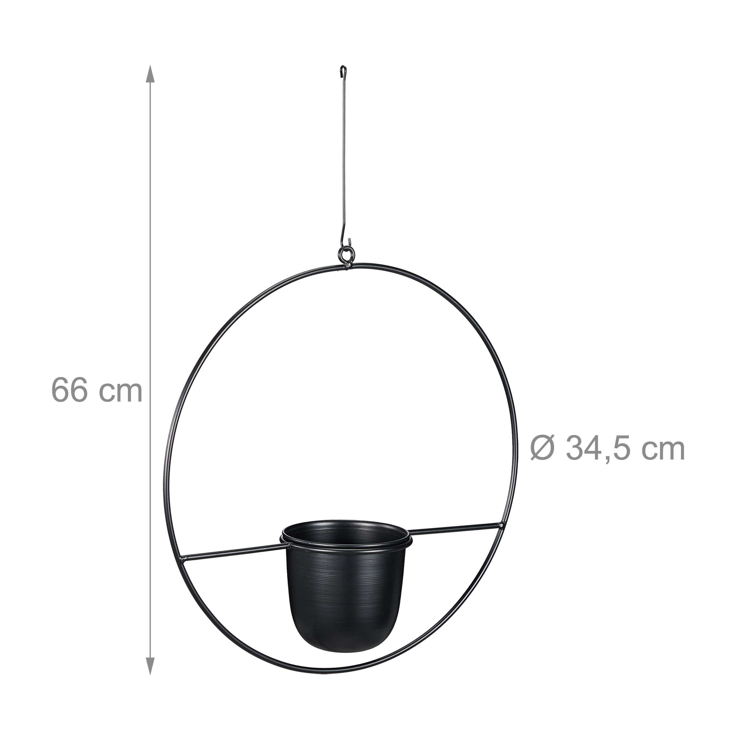 Schwarzer runder Hängeblumentopf aus Metall mit Maßangaben von 66 cm Höhe und 34,5 cm Durchmesser.