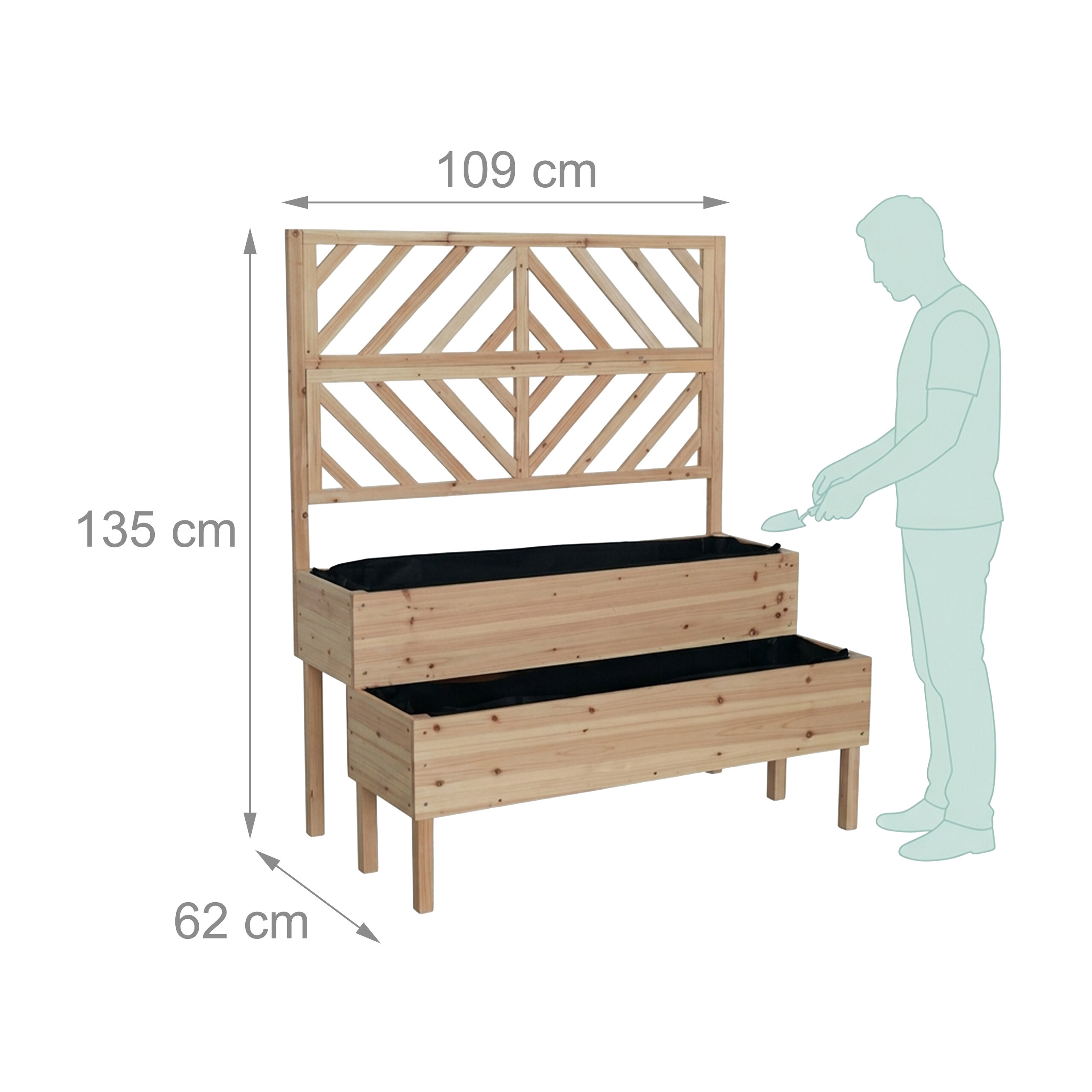Hölzernes gestuftes Hochbeet mit Rankgitter, 135 cm hoch, 109 cm breit, 62 cm tief, neben einer Person.