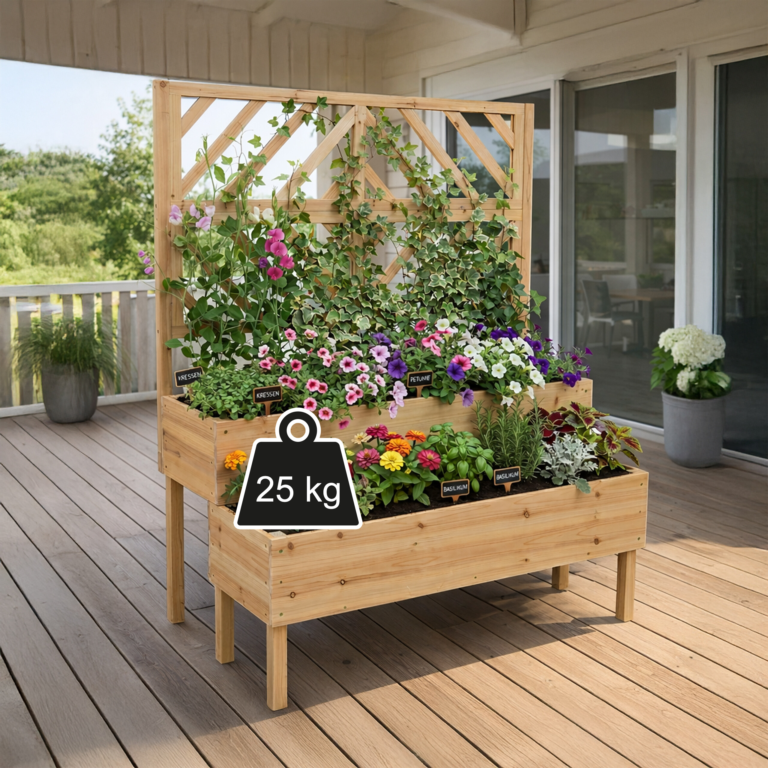Ein hölzernes Hochbeet mit bunten Blumen und Ranken steht auf einer Holzterrasse mit einem 25 kg Symbol.