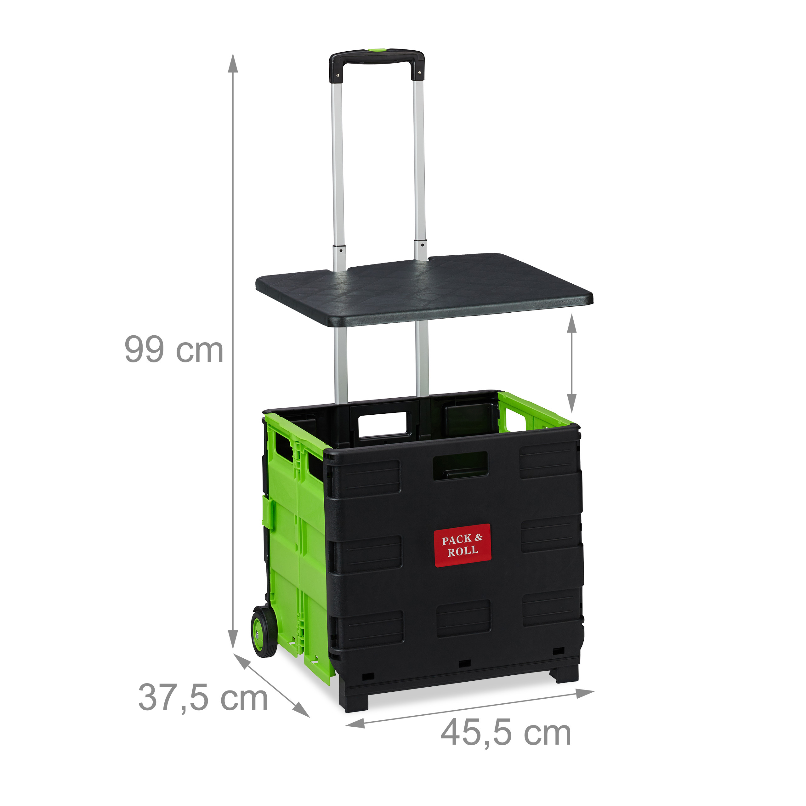 Ein schwarz-grüner Pack & Roll Trolley mit ausziehbarem Griff und Maßen von 99x45,5x37,5 cm.