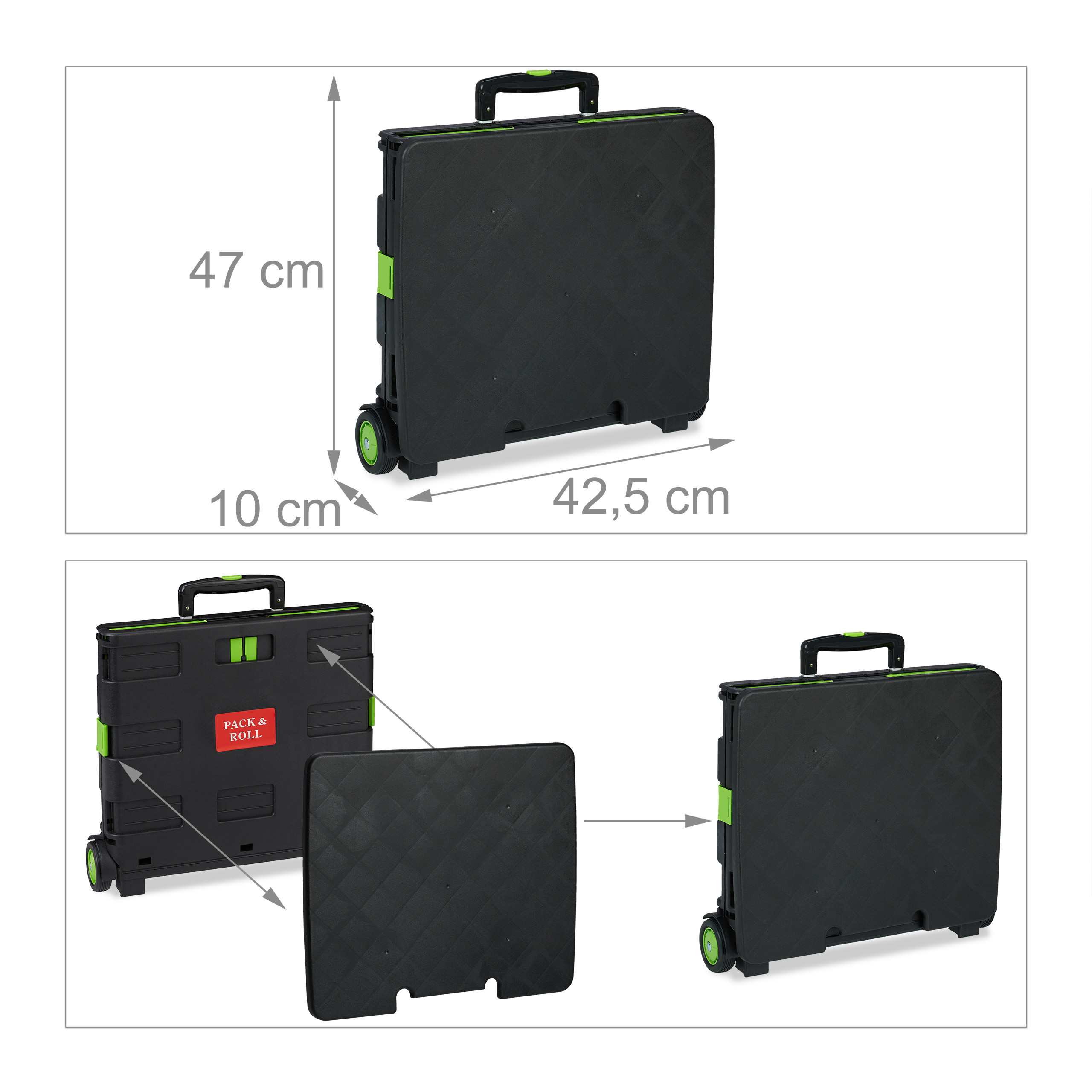 Schwarzer, faltbarer Trolley mit grünen Akzenten, Maßangaben und abnehmbarem Boden.