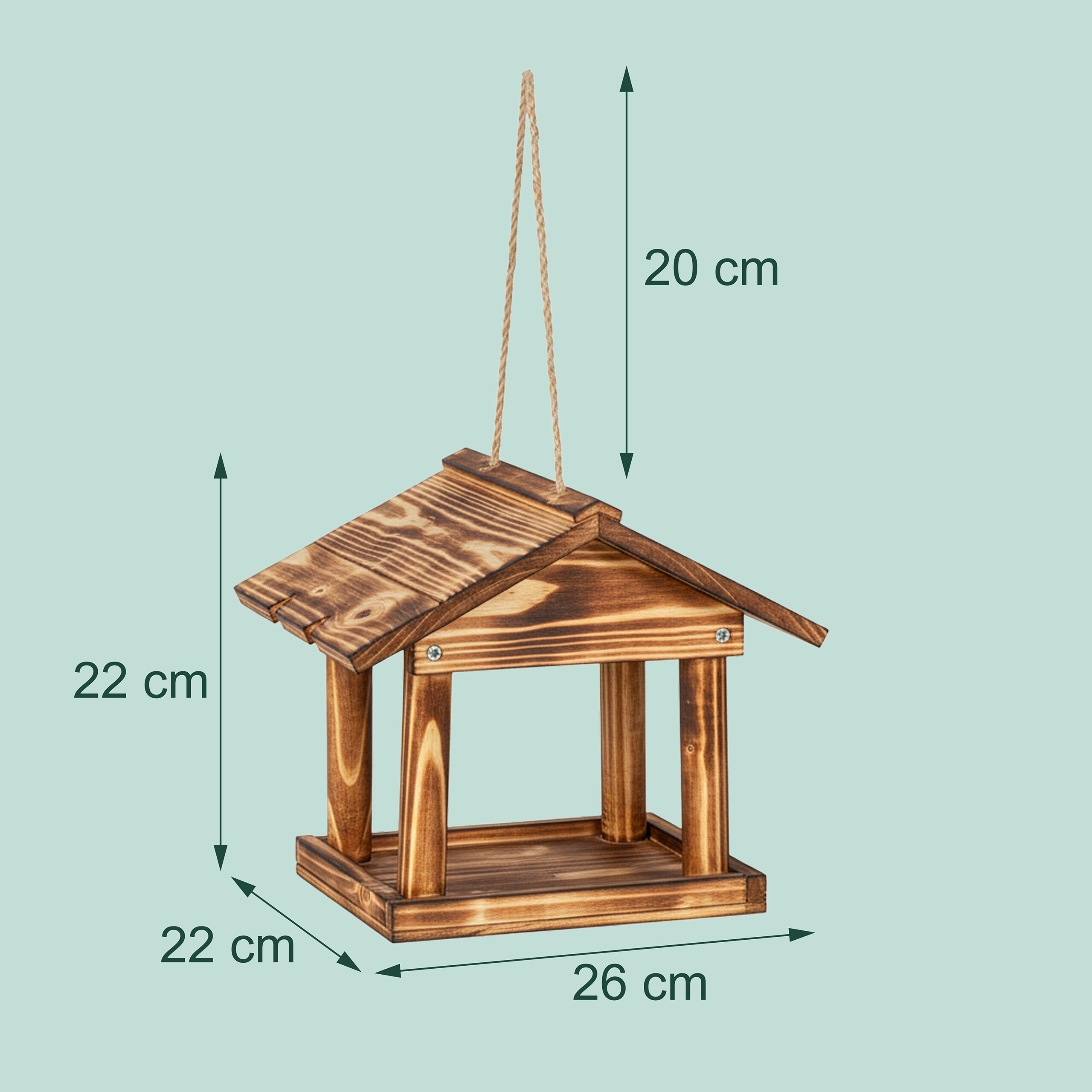 Holzvogelhaus mit Maßen: 26 cm Breite, 22 cm Höhe, 22 cm Tiefe, und 20 cm Aufhängung.