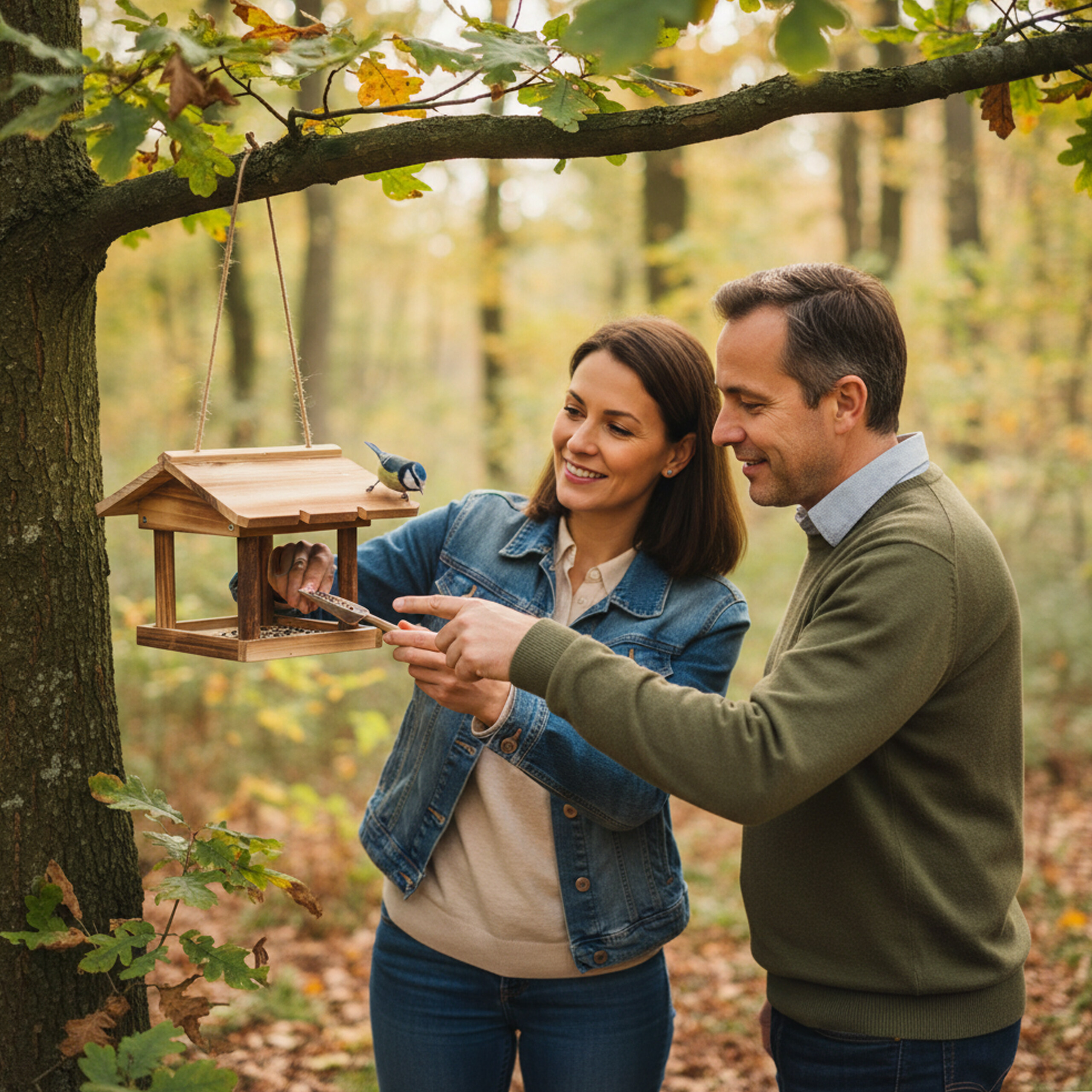 Ein Paar füllt im Herbstwald gemeinsam ein hölzernes Vogelhäuschen mit Futter.