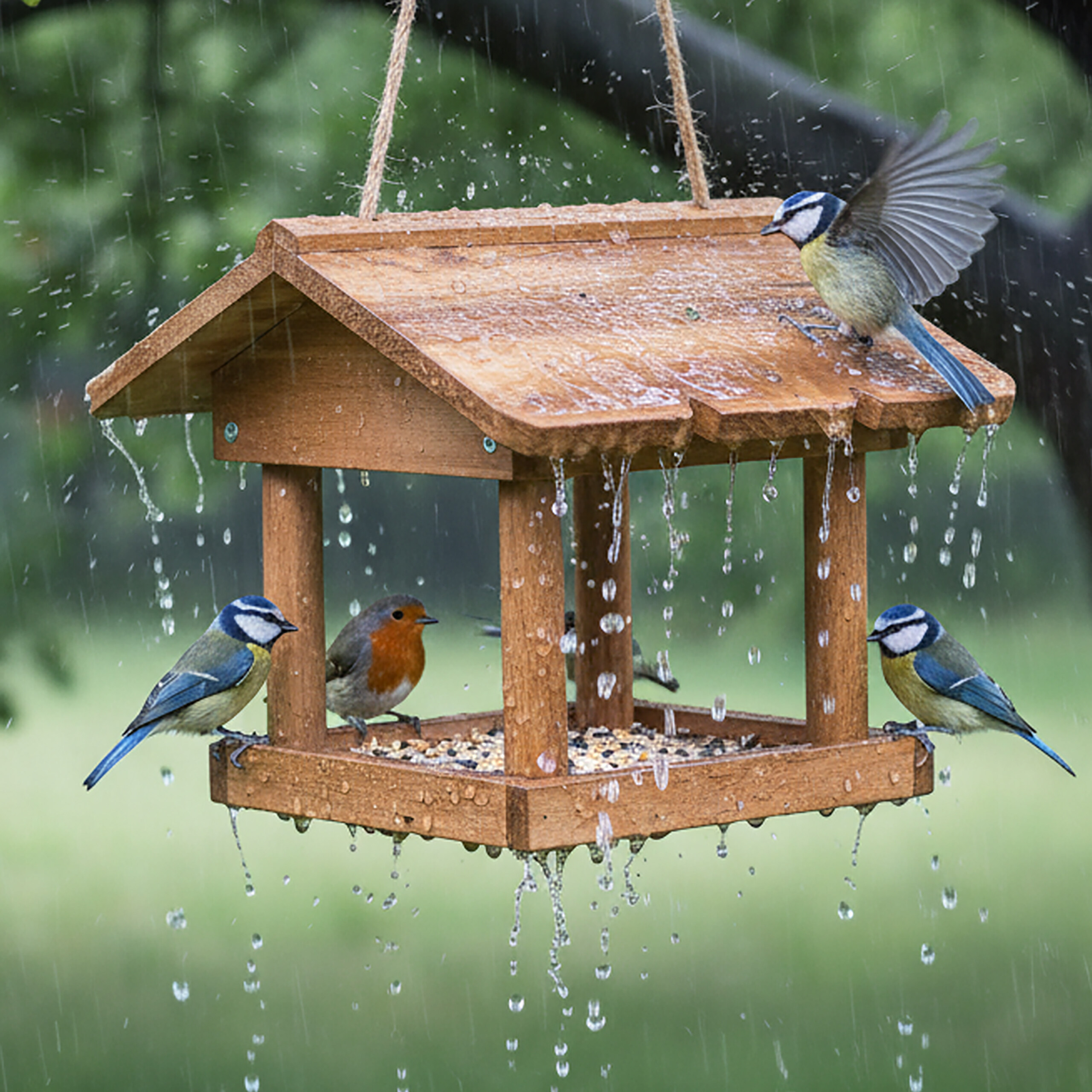 Mehrere Vögel sitzen in leichtem Regen an und auf einem hölzernen Vogelfutterhäuschen.