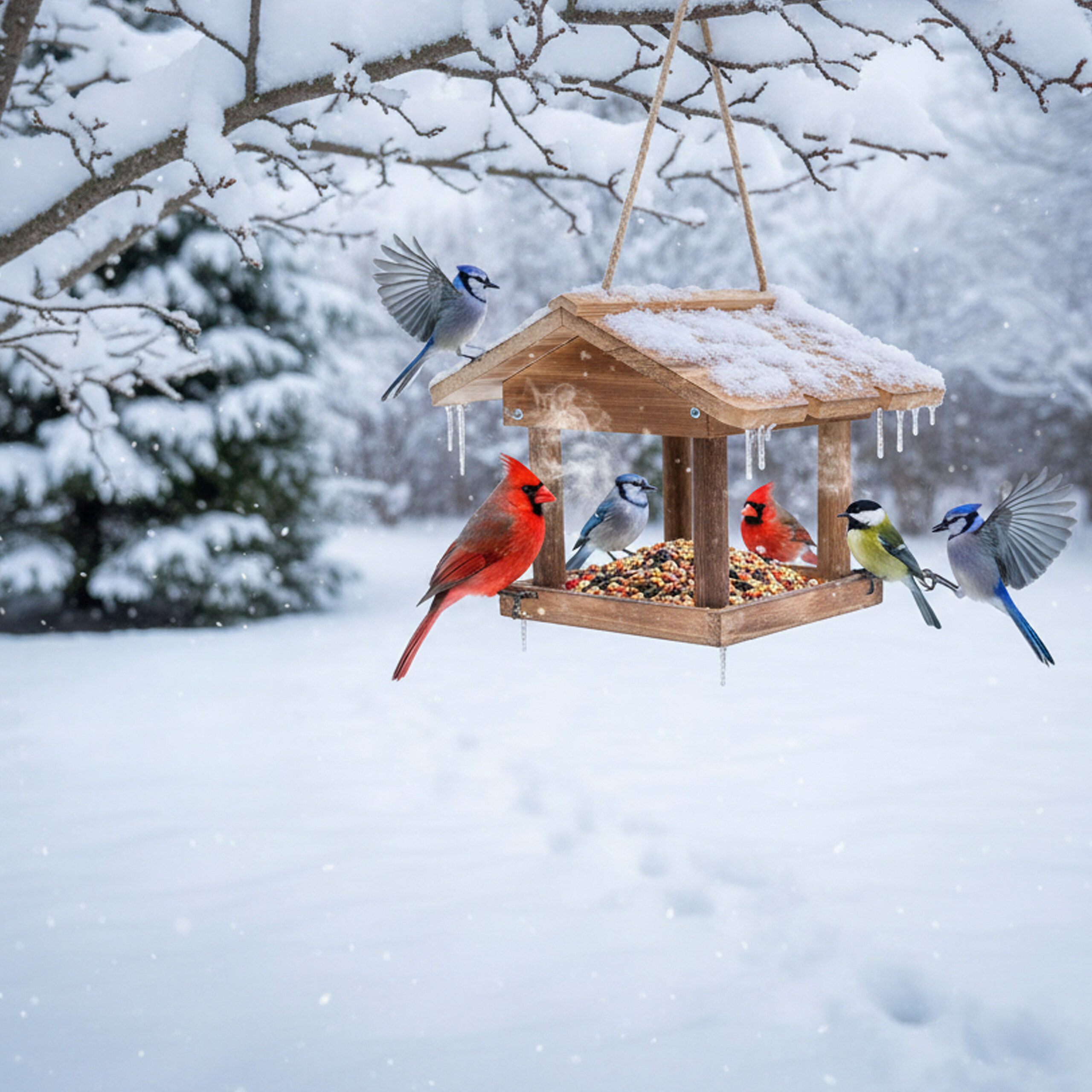 Mehrere bunte Vögel fressen Körner aus einem Holzhäuschen in einer verschneiten Winterlandschaft.