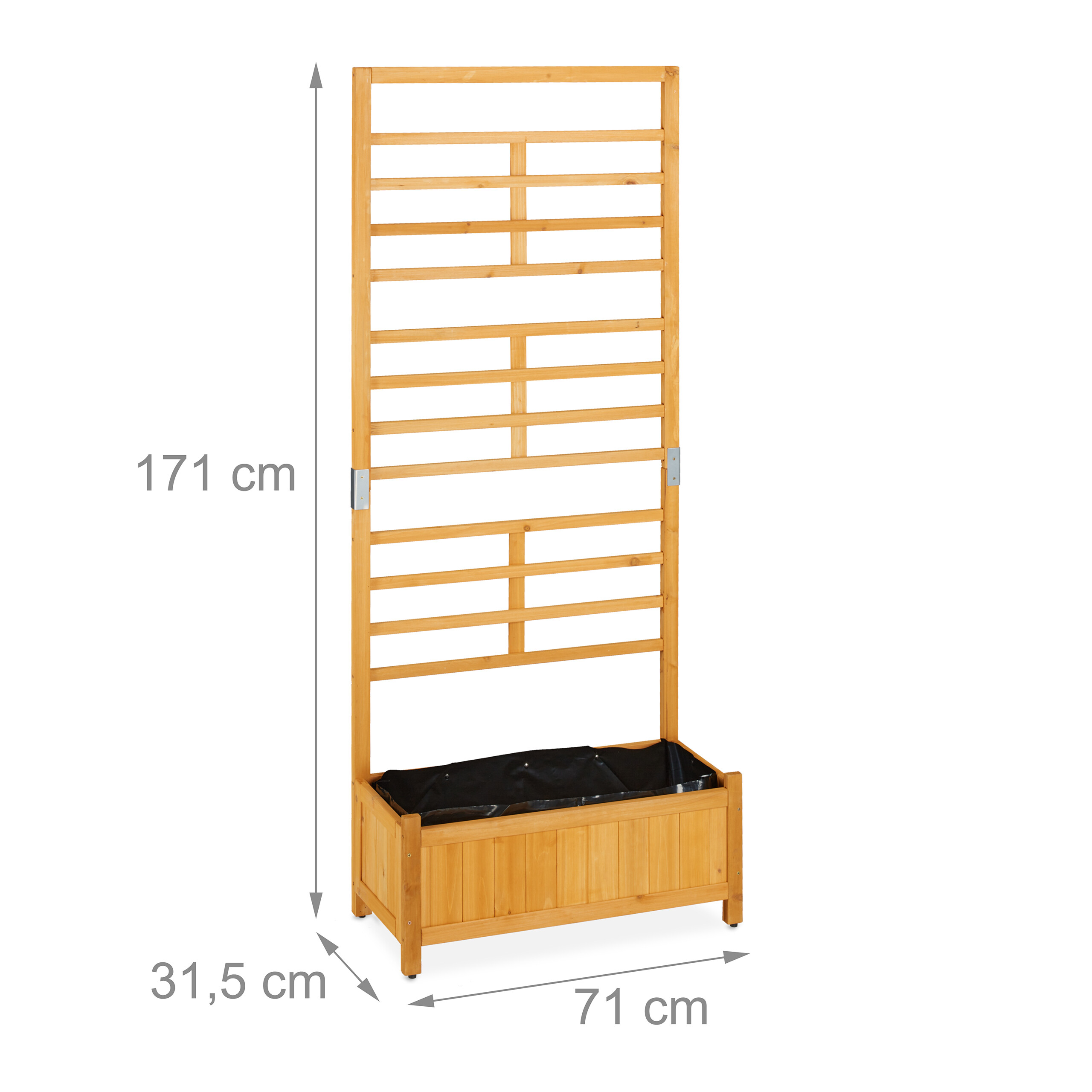 Hoher Holz-Gartenpflanzer mit Rankgitter, Maße 171 cm hoch, 71 cm breit und 31,5 cm tief.