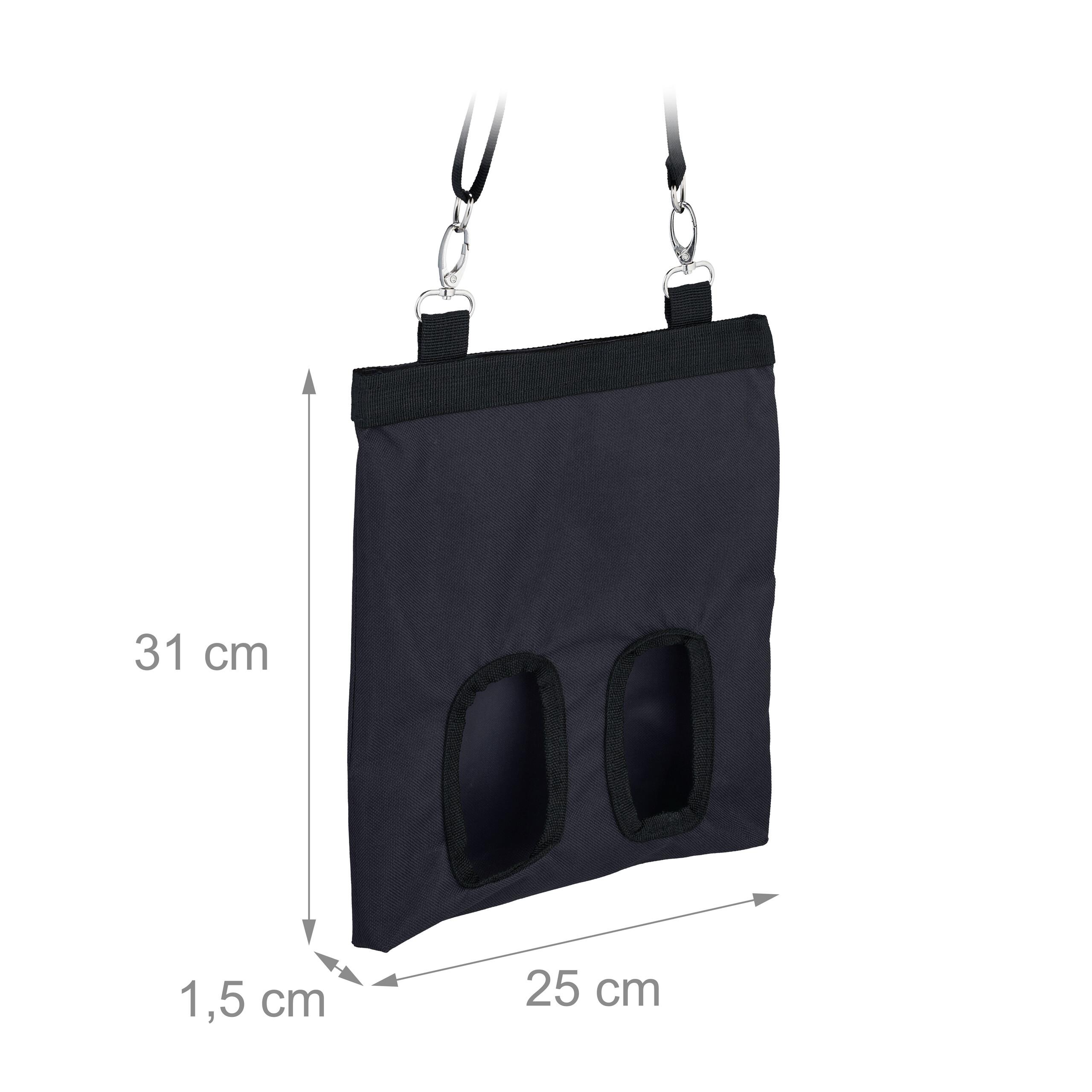 Schwarze Stoff-Hängetasche mit zwei Öffnungen und Maßangaben von 31 cm Höhe, 25 cm Breite und 1,5 cm Tiefe.