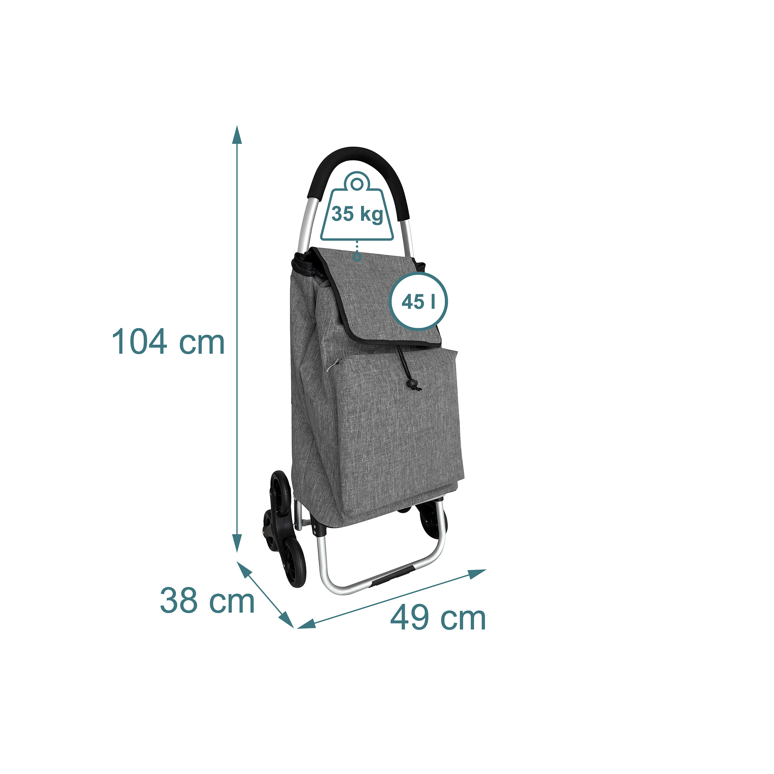 Grauer Einkaufstrolley mit Maßen: 104 cm Höhe, 49 cm Breite, 38 cm Tiefe, 35 kg Gewicht und 45 l Volumen.