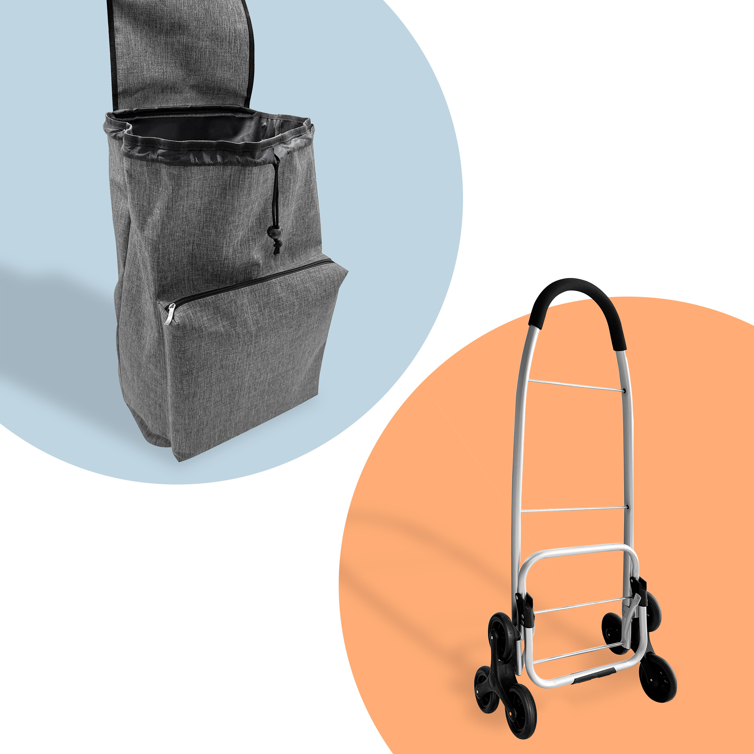 Grauer Einkaufstrolley mit Tasche auf blauem Kreis und Metallgestell mit sechs Rädern auf orangefarbenem Kreis.