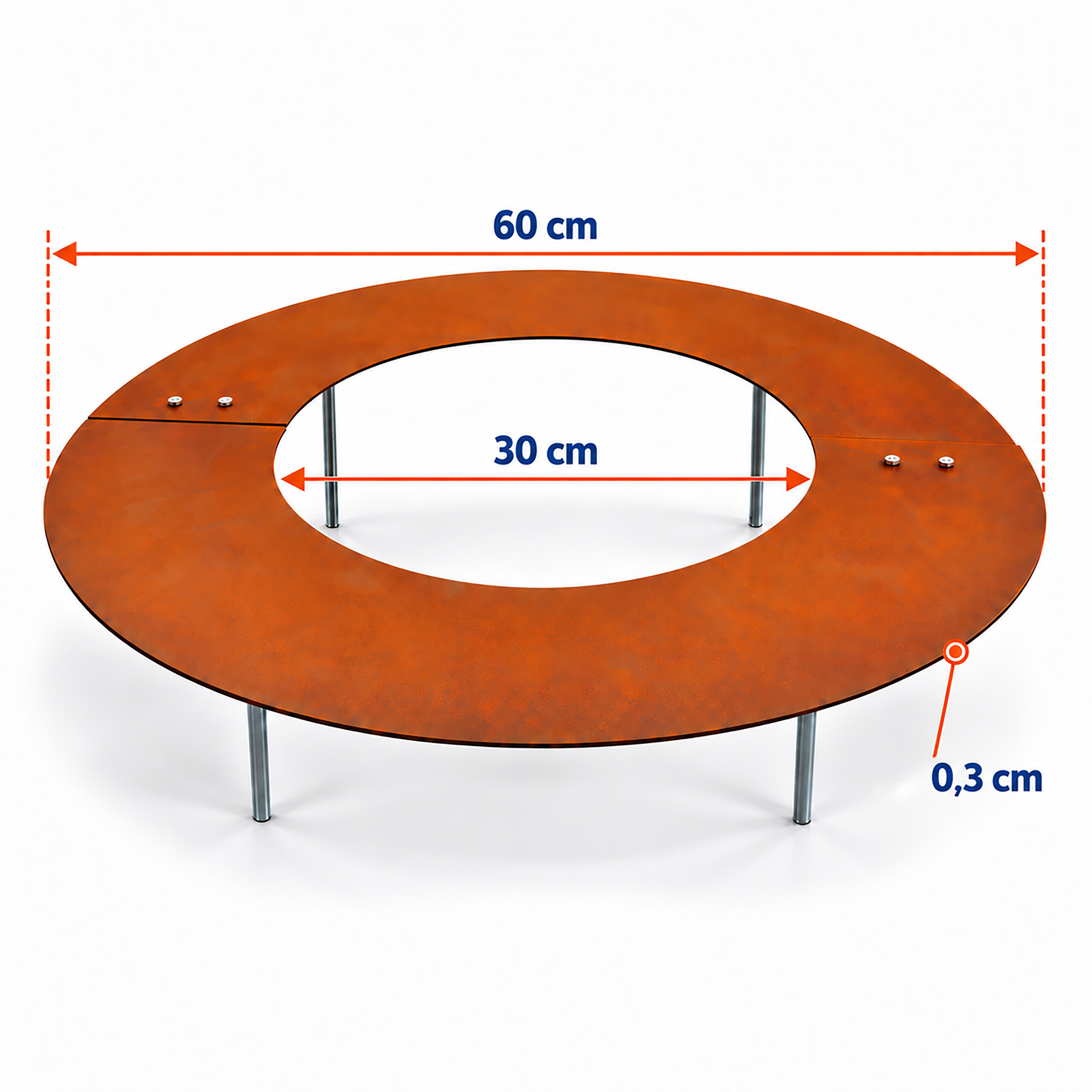 Runder, rostfarbener Tisch mit Silberbeinen und Maßen: 60 cm Durchmesser außen, 30 cm innen und 0,3 cm Dicke.