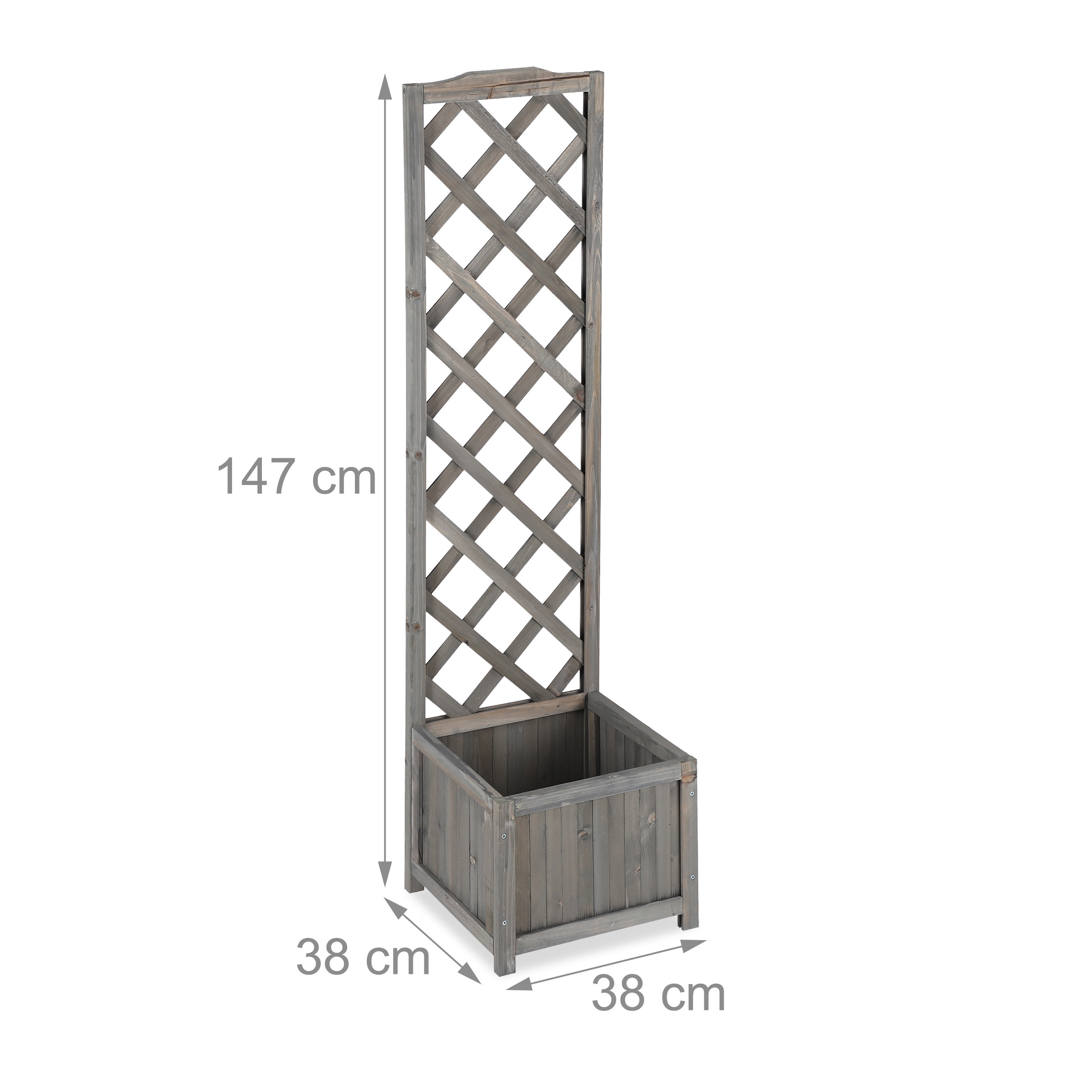 Grauer Holzpflanzkasten mit hohem Spalier, 147 cm hoch, 38 cm breit und tief, mit Maßangaben.