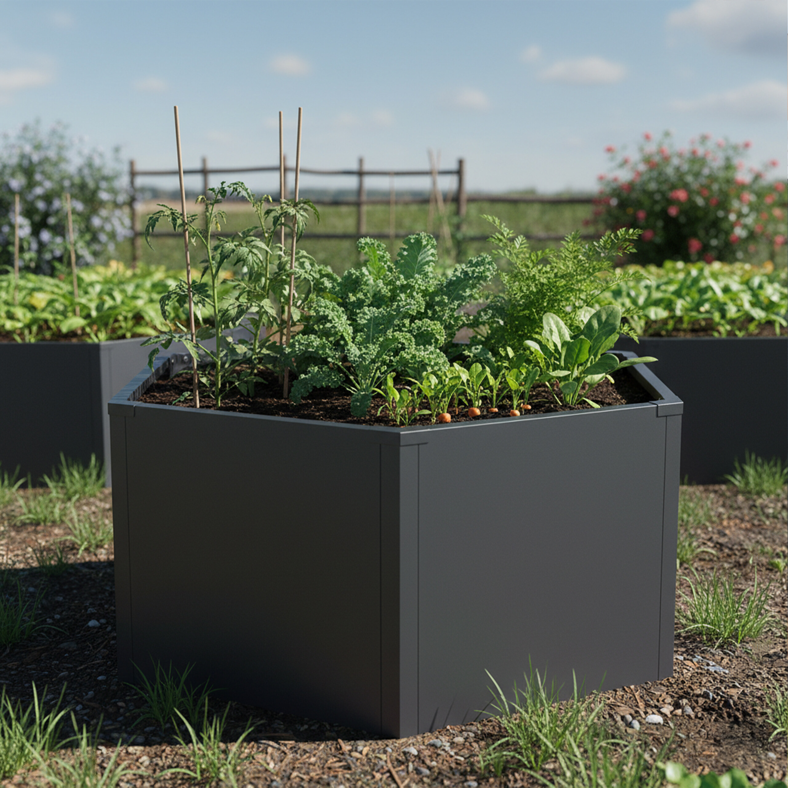 Ein graues Hochbeet im Garten mit wachsendem Gemüse, Tomaten, Grünkohl und Karotten unter blauem Himmel.