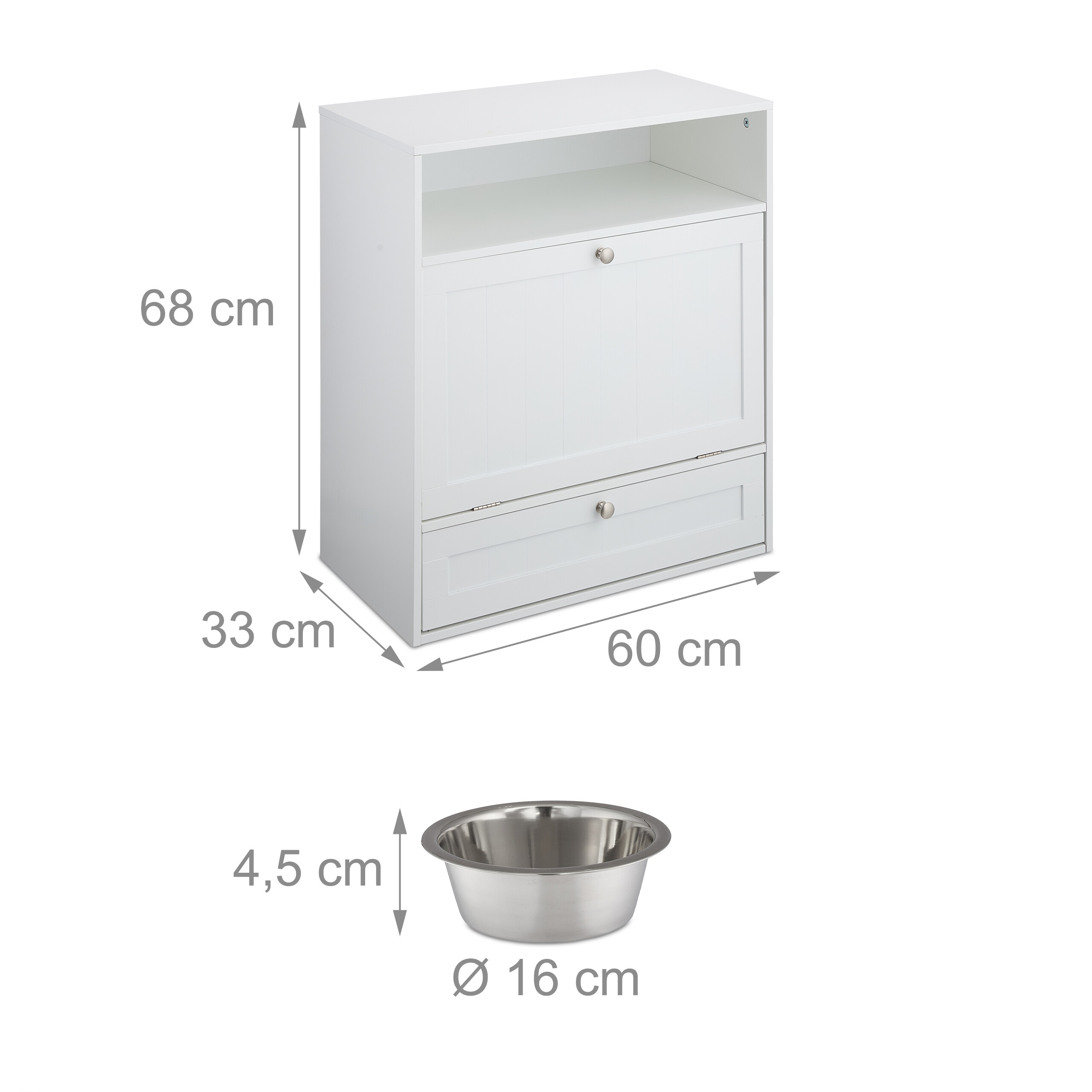 Weißer Haustierschrank, 60x33x68 cm, mit Edelstahl-Futternapf 16 cm Durchmesser und 4,5 cm Höhe.