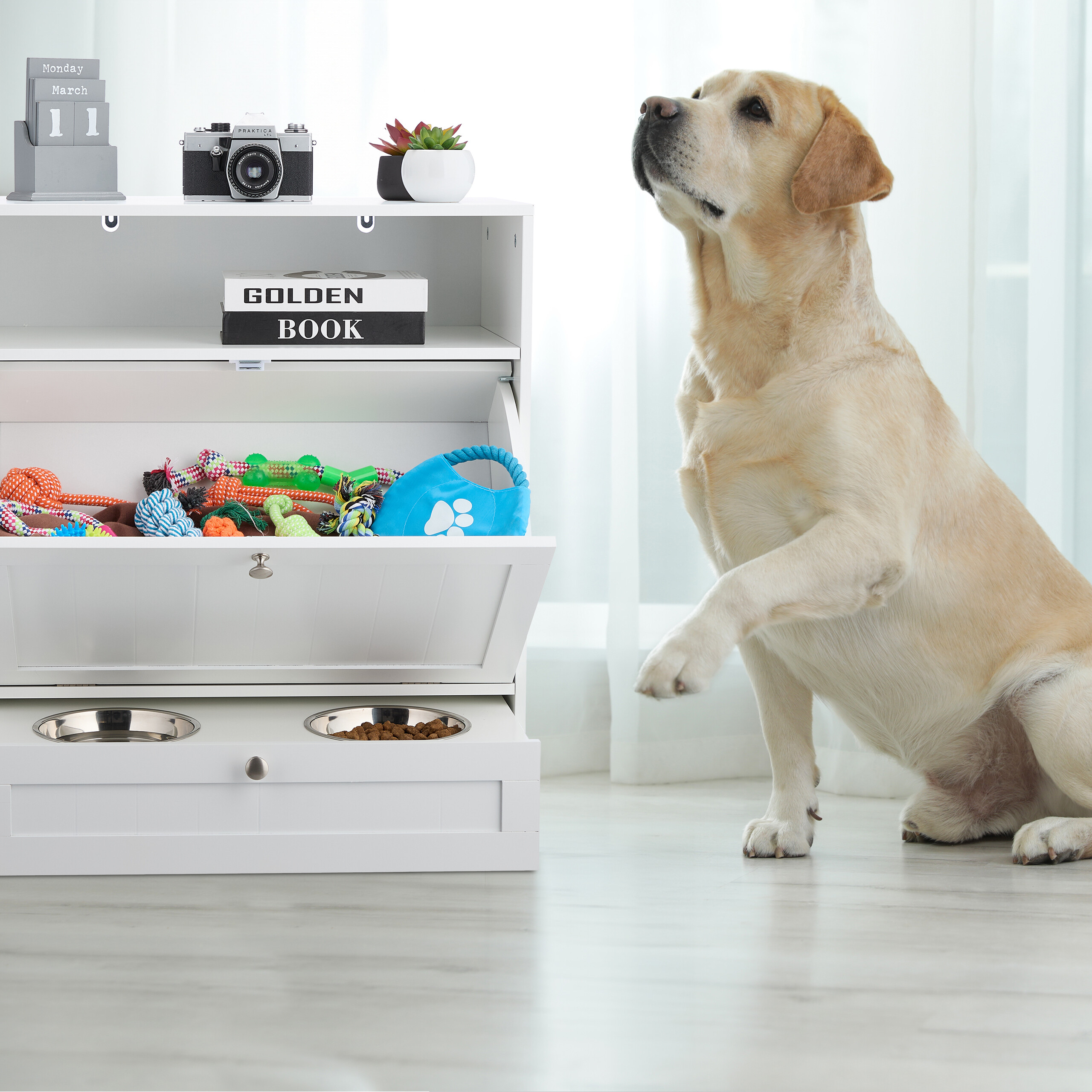 Ein Labrador sitzt vor einem weißen Schrank mit Spielzeug und Fressnäpfen.