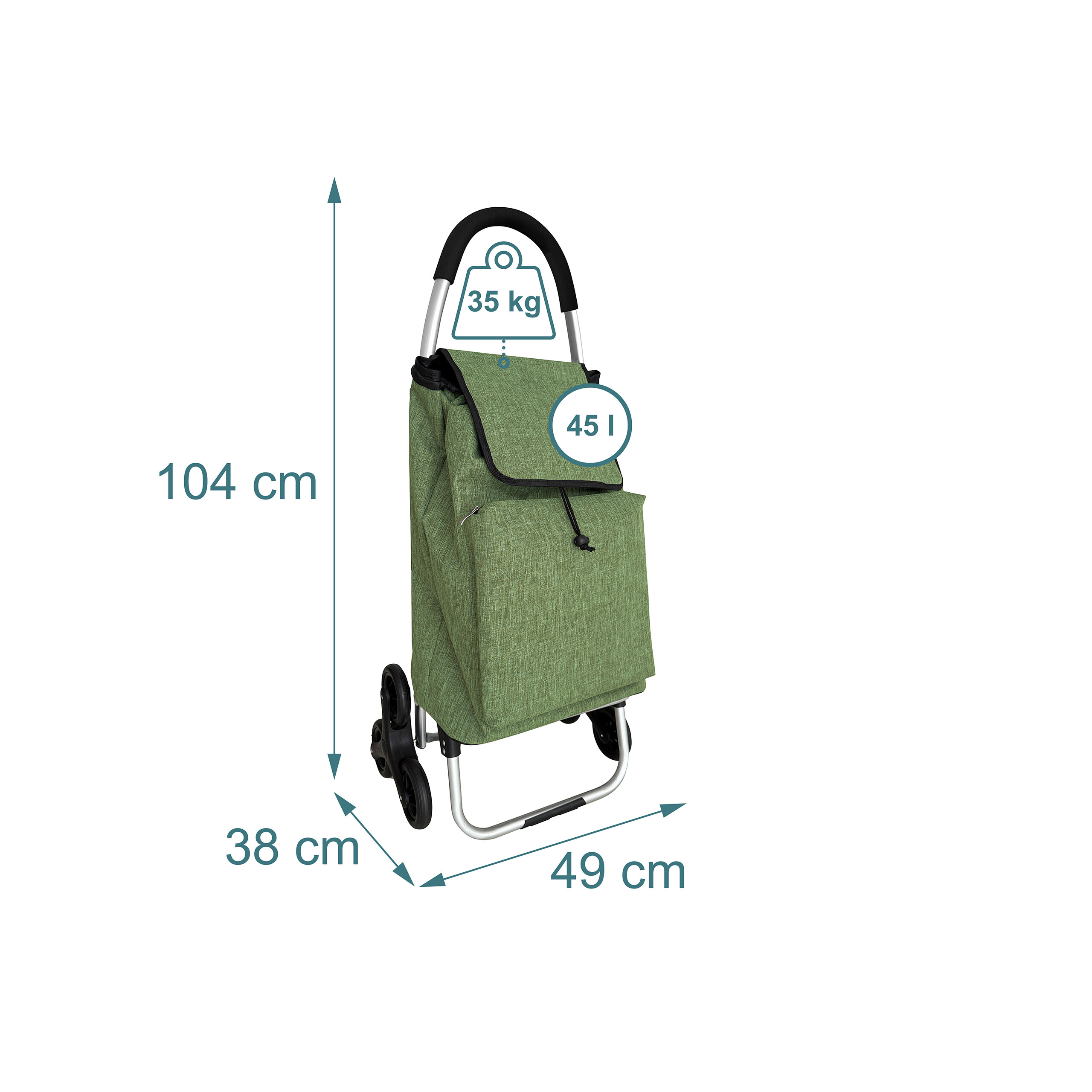 Grüner Einkaufswagen mit Maßen: Höhe 104 cm, Breite 49 cm, Tiefe 38 cm, 35 kg Tragkraft und 45 l Volumen.