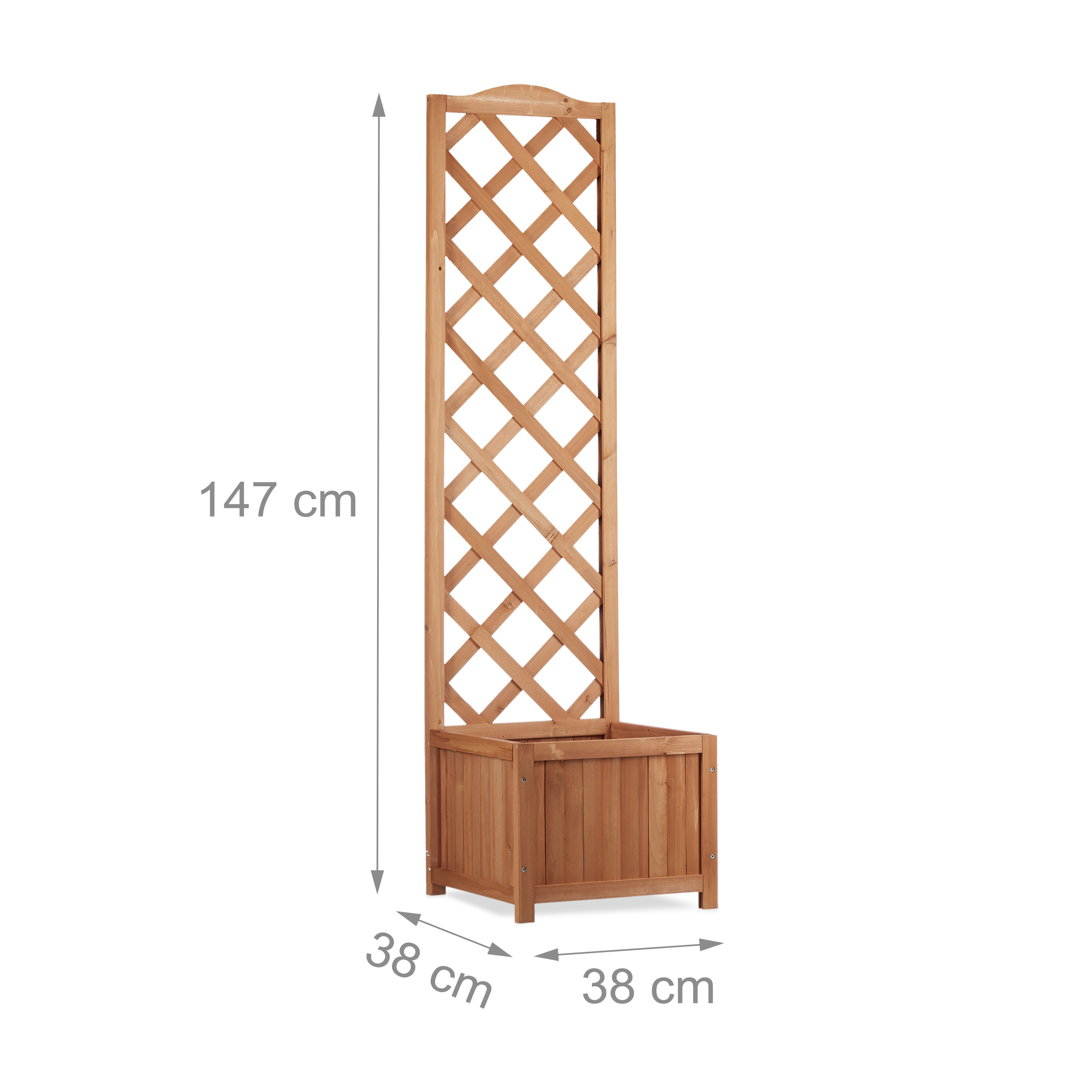 Hoher Holz-G Blumenkasten mit Spalier, Maße: 147 cm hoch und 38 cm breit.