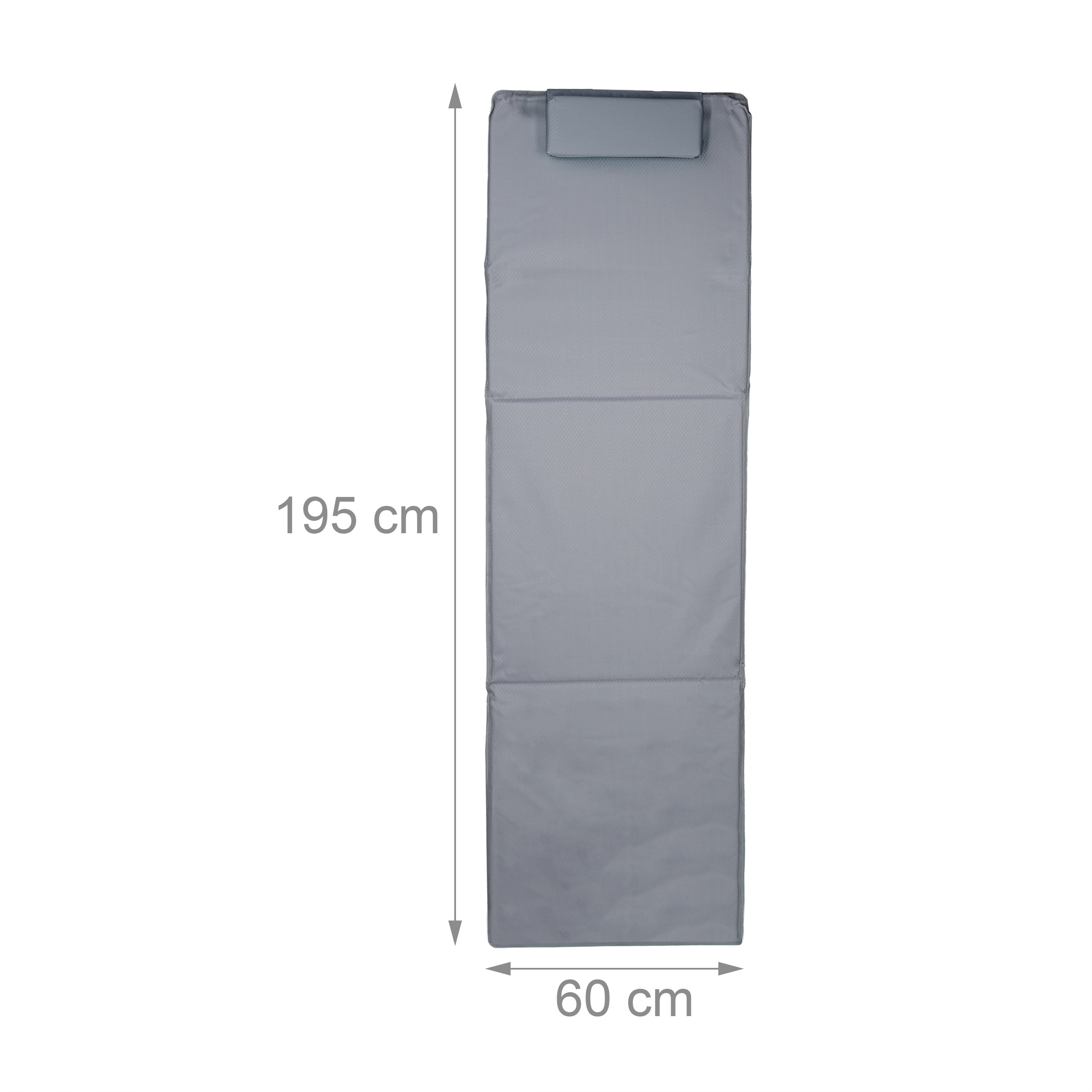 Graue Liegematte mit Abmessungen von 195 cm Länge und 60 cm Breite auf weißem Hintergrund.