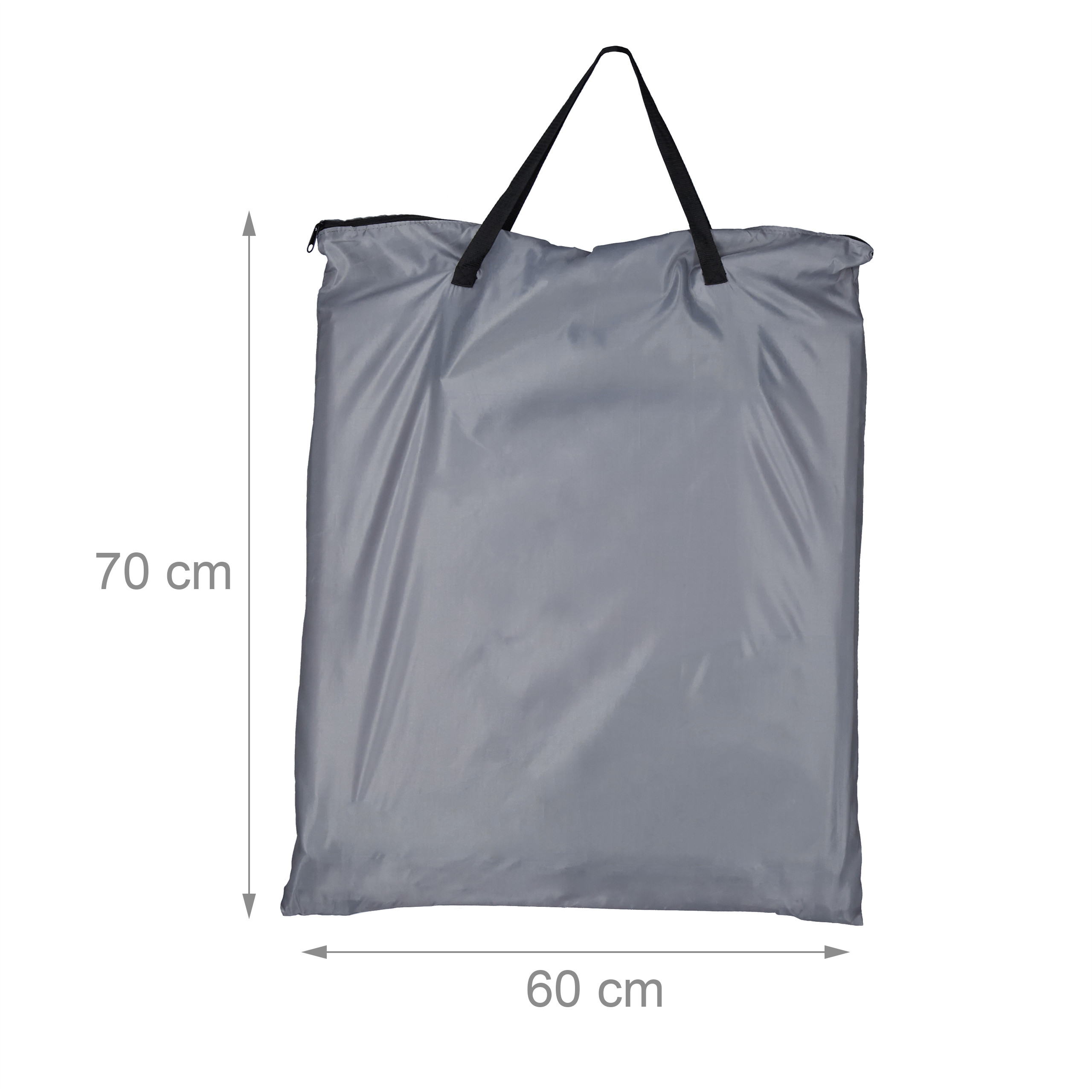 Eine graue Aufbewahrungstasche mit schwarzen Henkeln und Maßen von 70 cm Höhe und 60 cm Breite auf weißem Hintergrund.