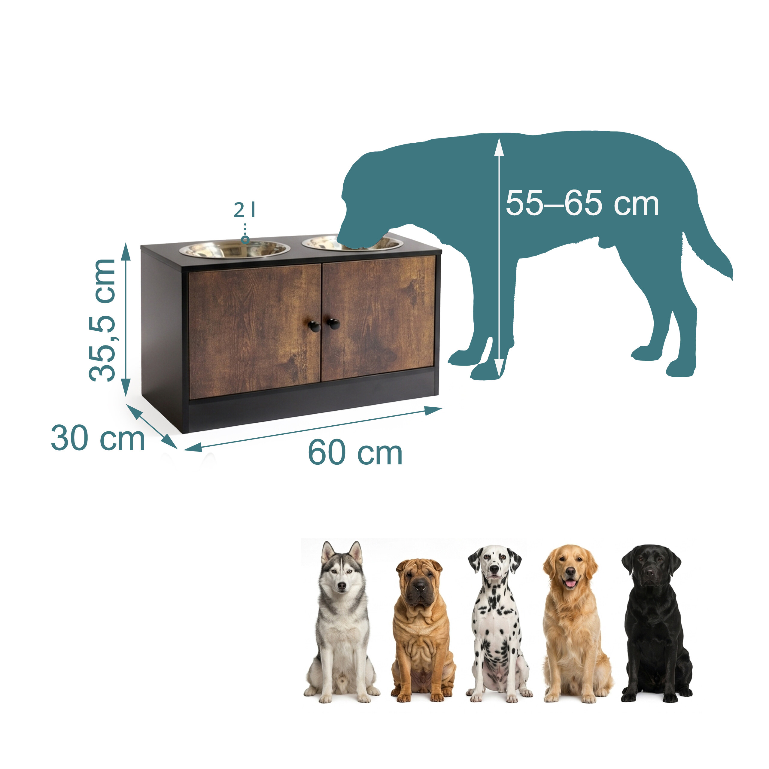 Holz-Hundenapf-Schrank mit Maßen, Silhouette eines Hundes und fünf Hunderassen darunter.
