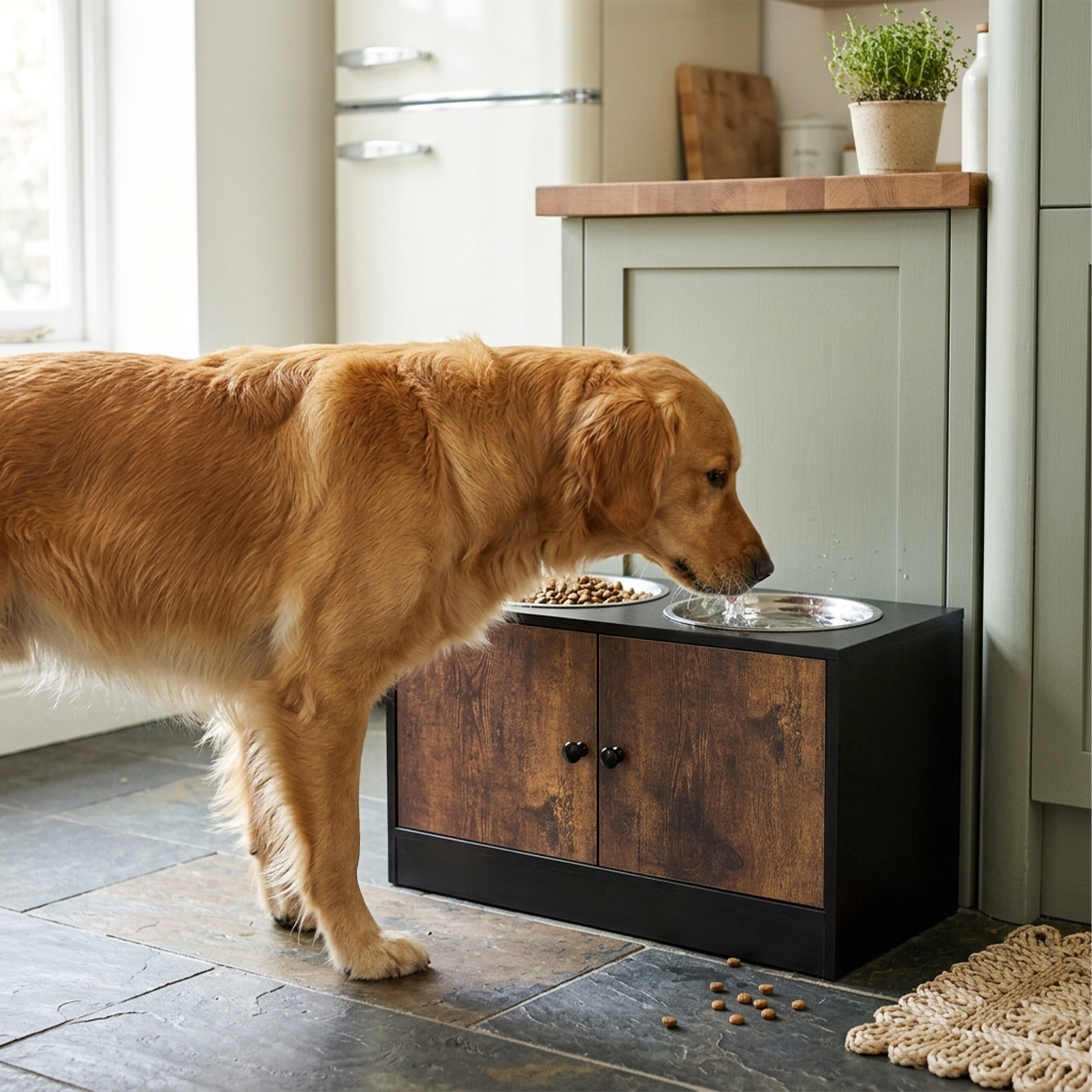 Ein golden Retriever trinkt aus einer Edelstahlschüssel auf einem Holzhundebar-Schrank in einer Küche.