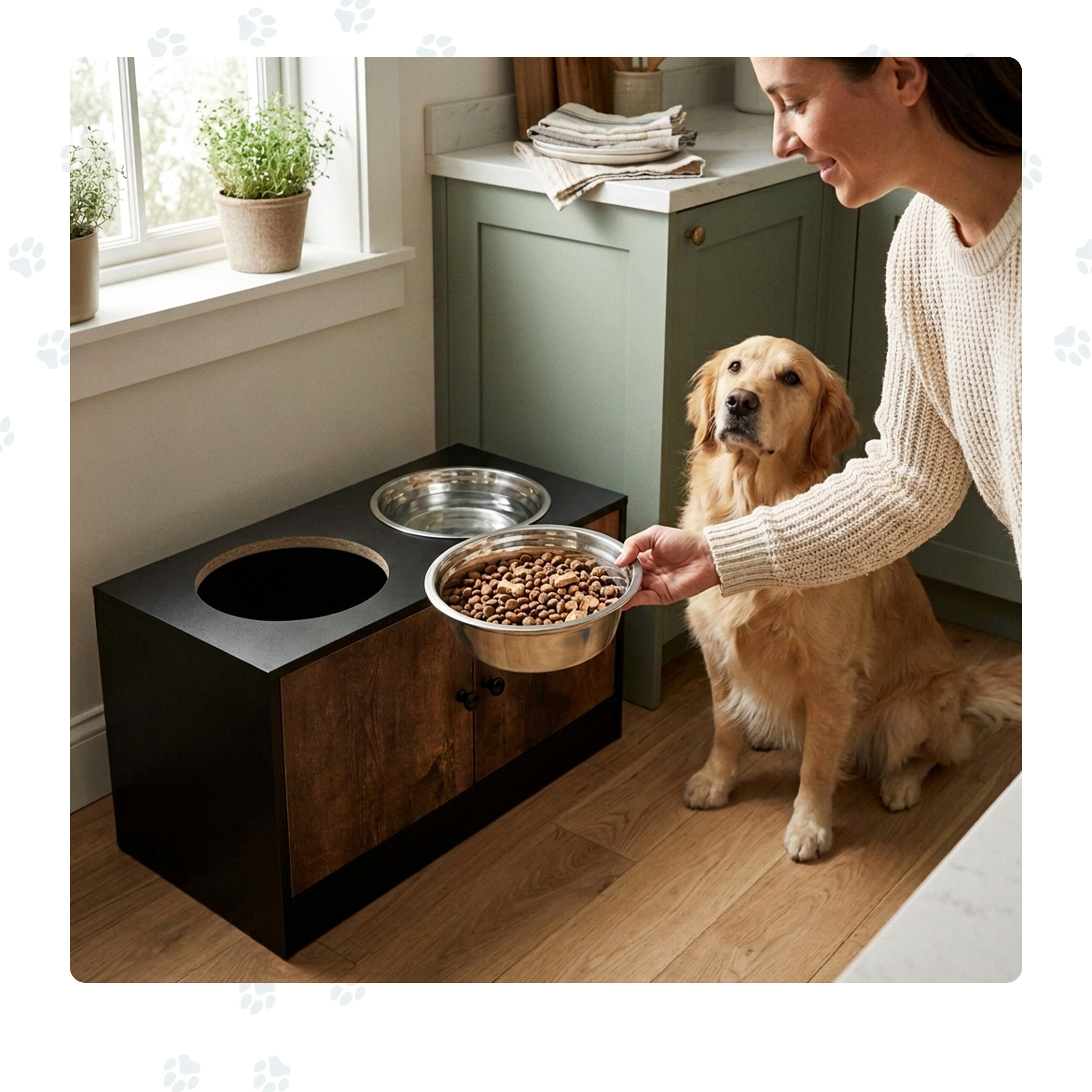 Eine Frau hält eine Schüssel Hundefutter neben einem Golden Retriever und einer schwarzen Futterstation in einer Küche.