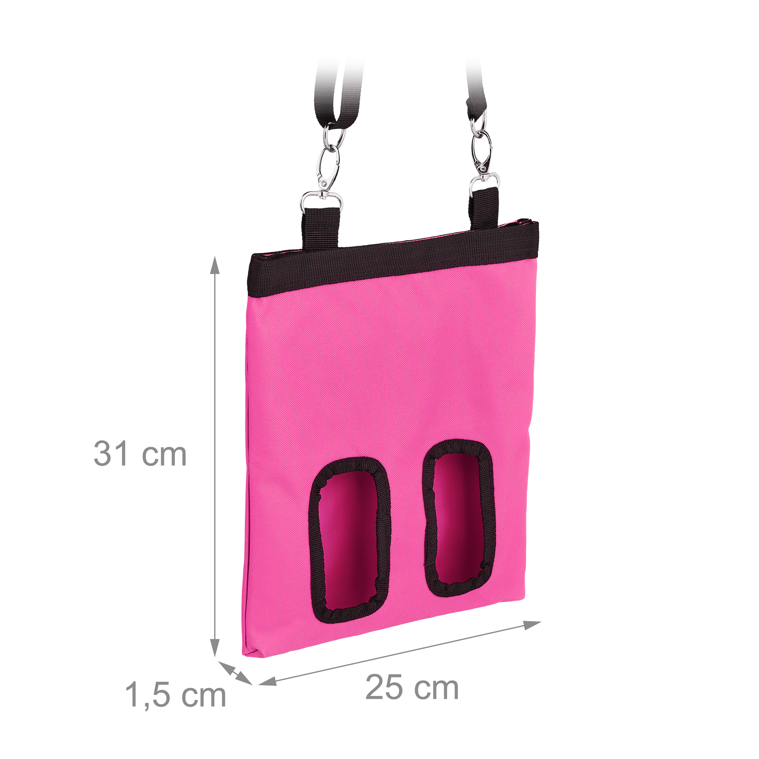 Pinkfarbene Stofftasche mit zwei Öffnungen und Maßen von 31x25x1,5 cm, an Riemen aufgehängt.