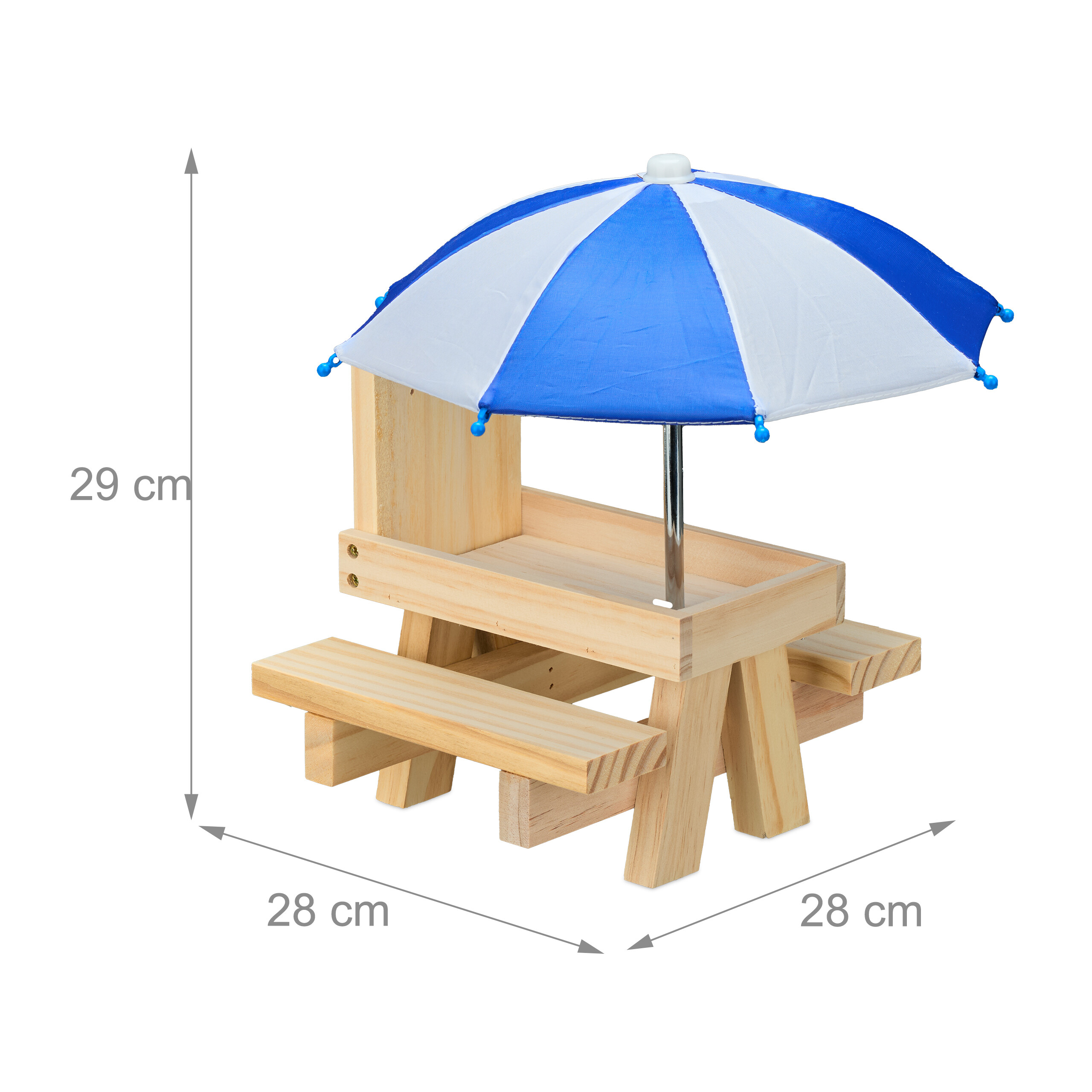 Kleiner Holzpicnic-Tisch mit Bänken und blau-weißem Sonnenschirm mit 29 cm Höhe und 28 cm Breite.