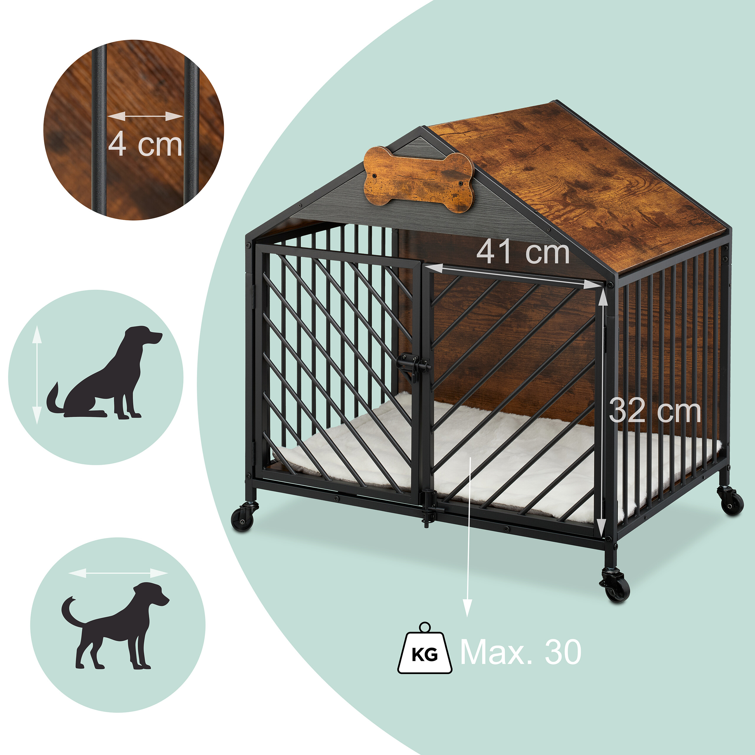 Holz-Hundekiste mit Metallgitter, Rollen, Kissen und Maßangaben.