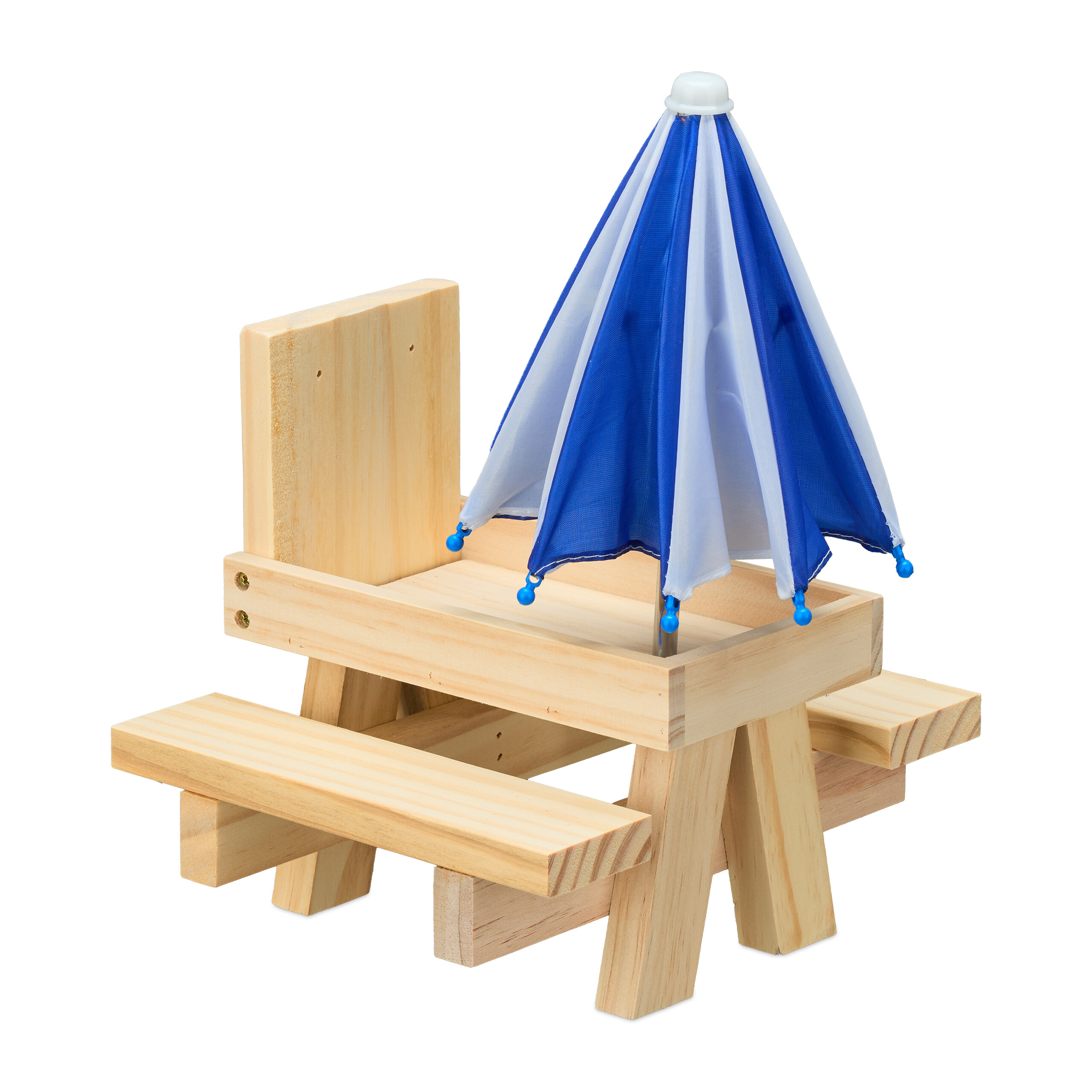 Miniatur-Holzpicknicktisch mit Bänken und einem blau-weißen Sonnenschirm.