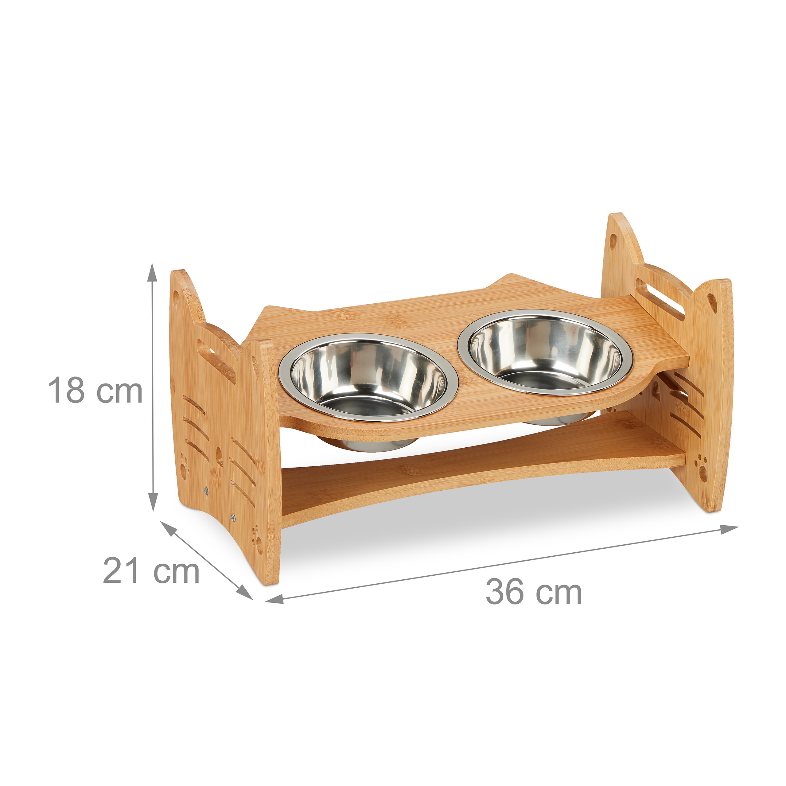 Erhöhter Katzennapf aus Bambus mit zwei Edelstahlnäpfen und Maßen von 36x21x18 cm.