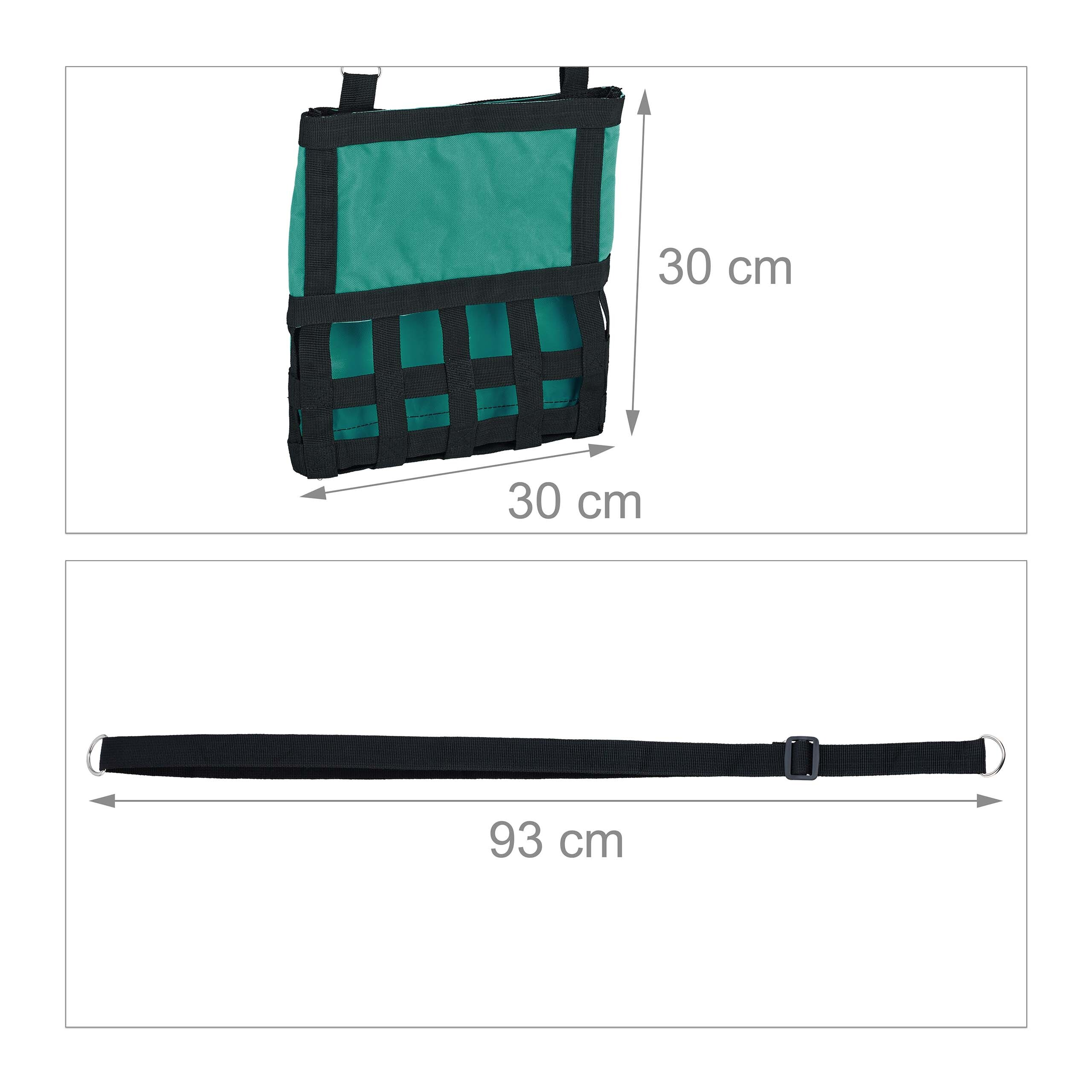 Grüne Tasche mit schwarzem Gitter (30x30 cm) und ein separater schwarzer Riemen mit 93 cm Länge.