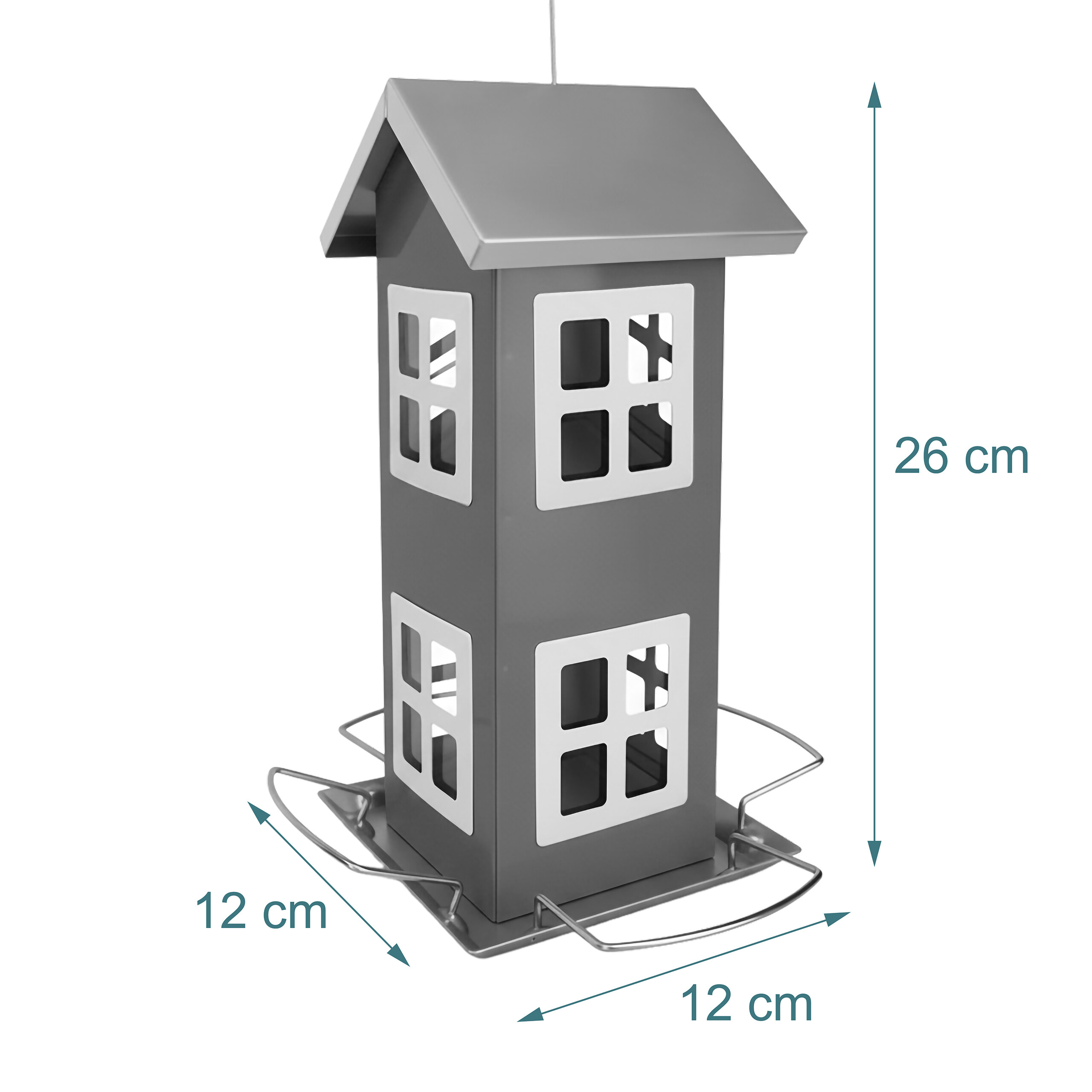 Graues Vogelhaus mit weiß umrandeten Fenstern, Haken und Maßangaben von 26 cm Höhe und 12 cm Breite.