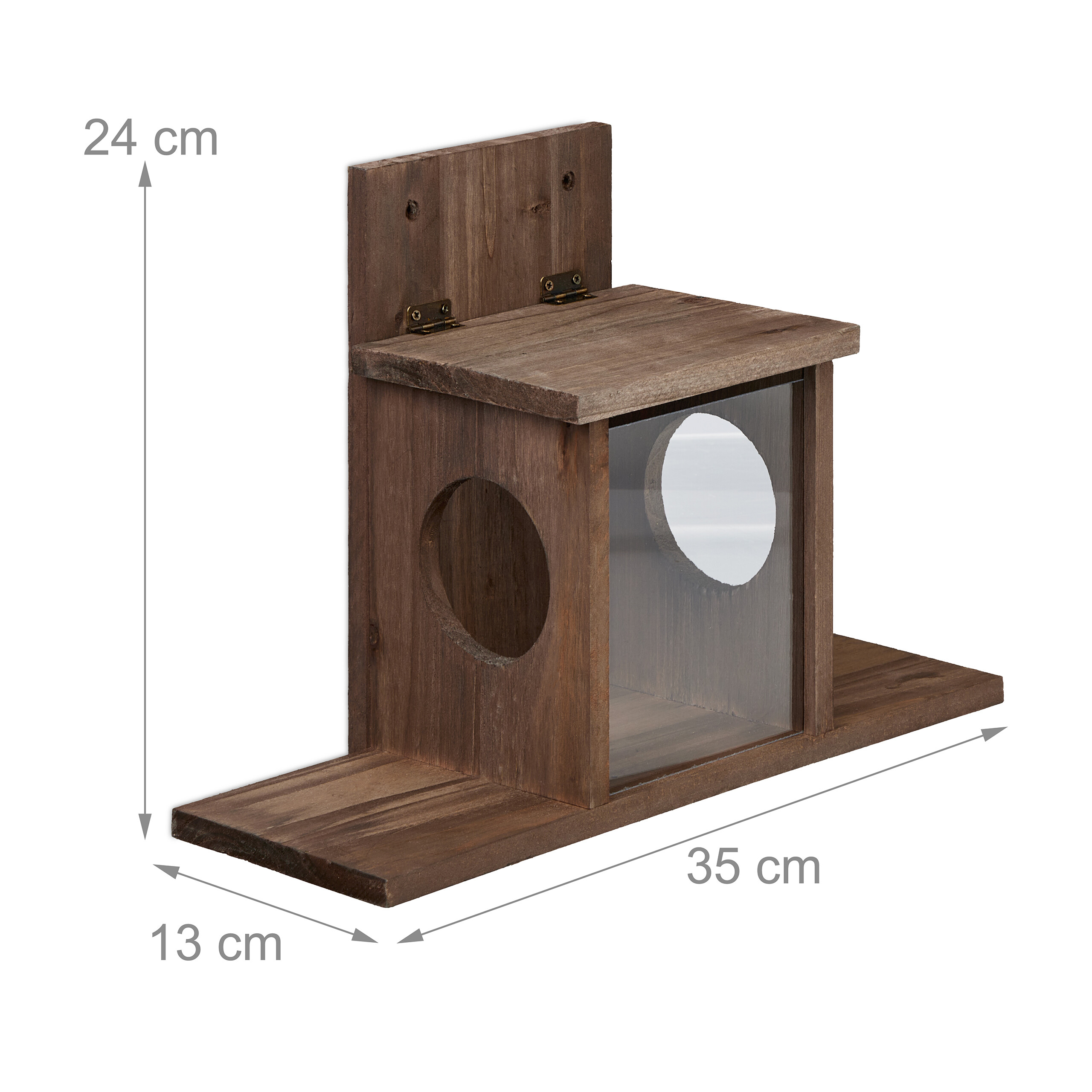 Holz-Nistkasten mit Maßen 24 cm Höhe, 35 cm Breite und 13 cm Tiefe.