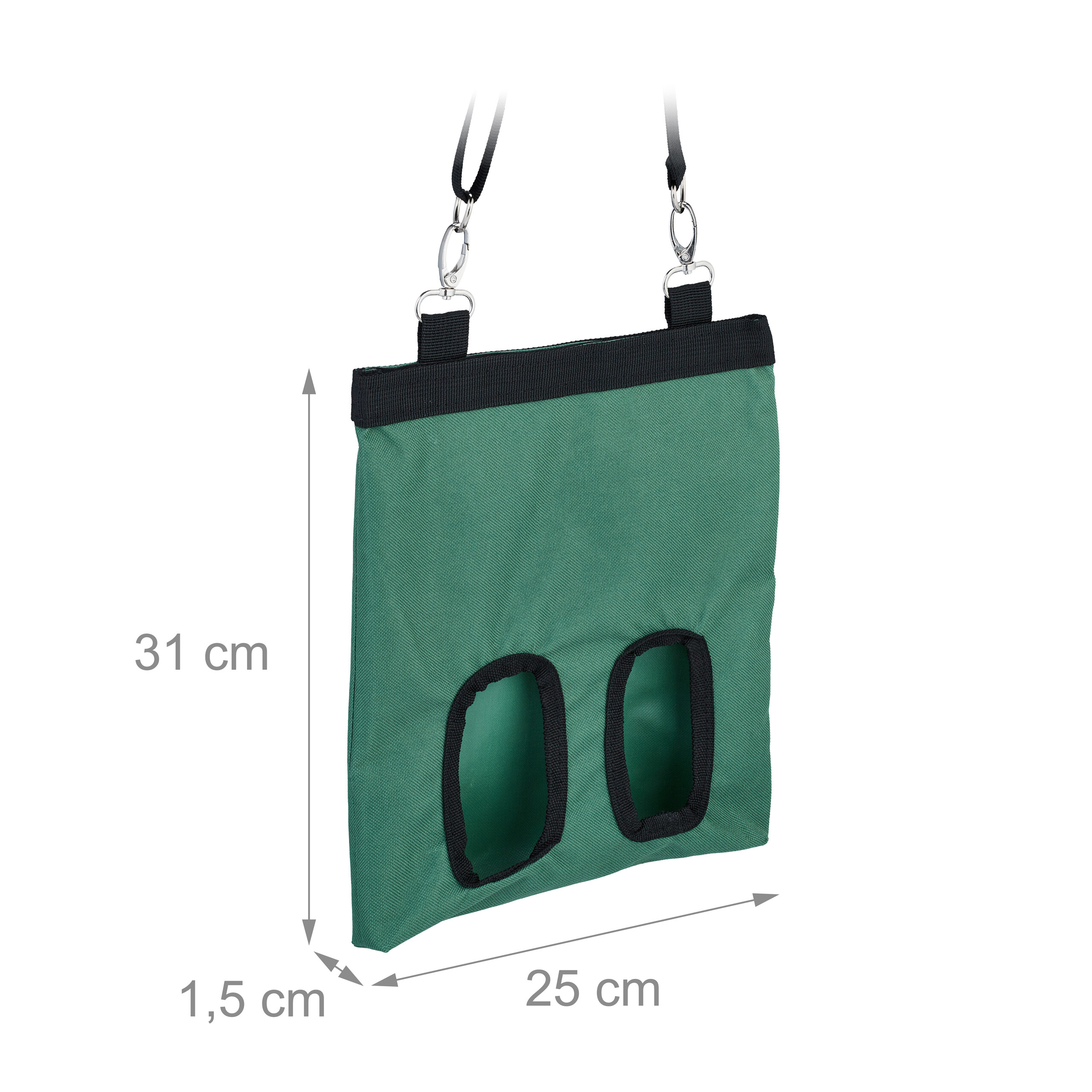 Grüne Stofftasche mit zwei Aussparungen und Maßen von 31x25x1,5 cm.